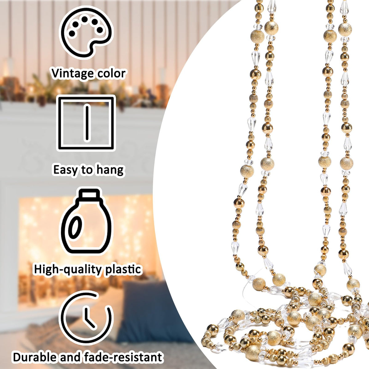 Highergo 16ft Christmas Tree Bead Garland Retro Bead Garland Candy Christmas for Tree Party Supplies Staircase Fireplace Hanging Ornaments (Gold,Ornaments)