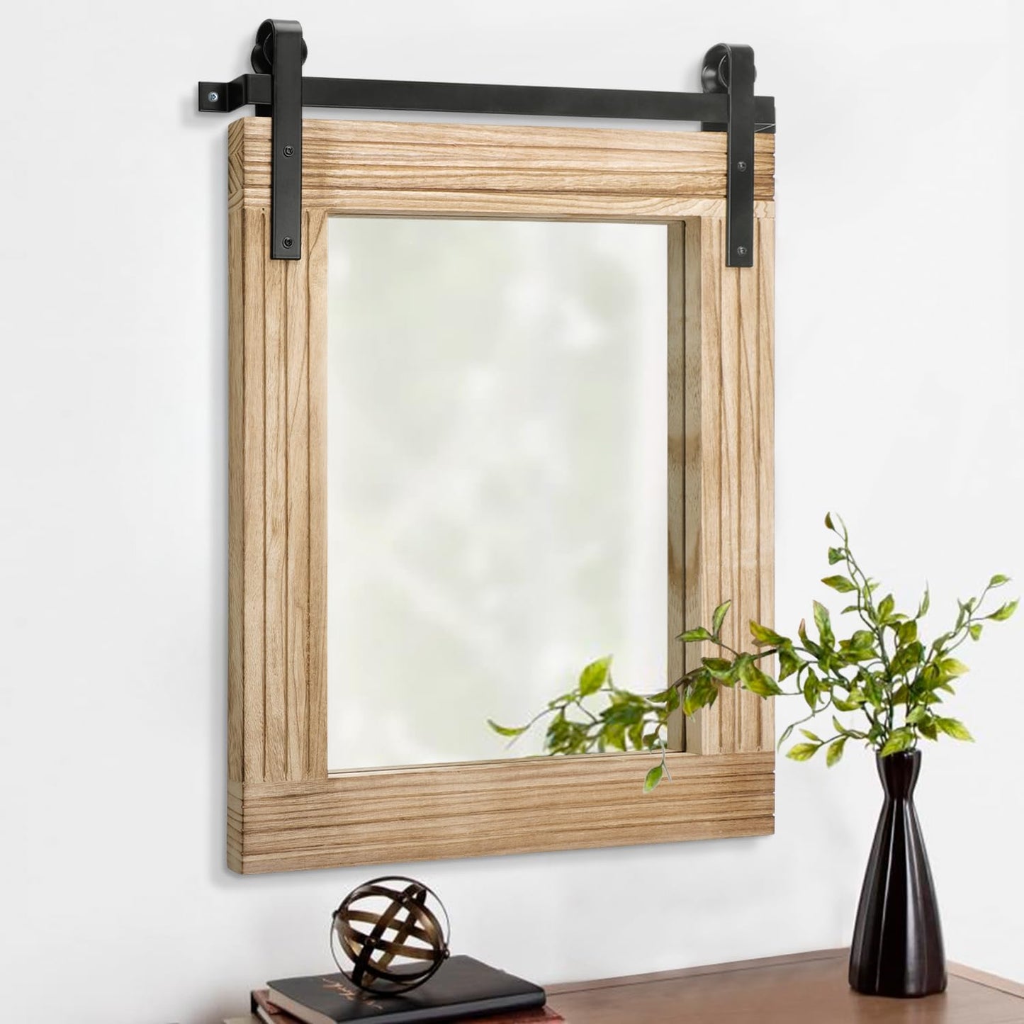 AAZZKANG Rustic Mirrors for Wall Large 26"x18" Rectangle Wood Frame Mirror with Metal Bracket Farmhouse Bedroom Living Room Decorative Wall-Mounted Mirror