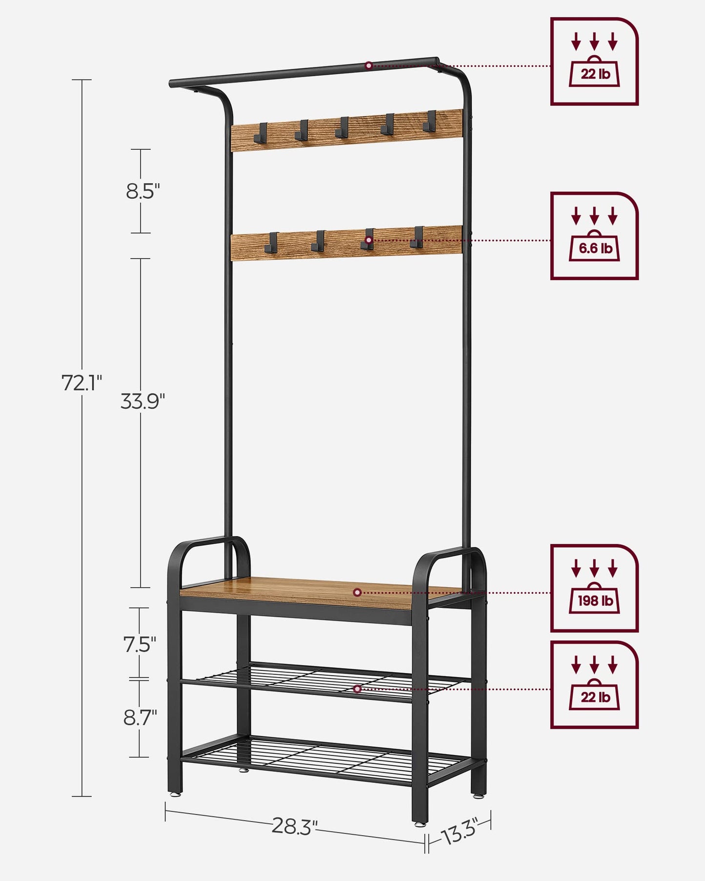 VASAGLE Coat Rack, Hall Tree with Shoe Bench for Entryway, Entryway Bench with Coat Rack, 4-in-1, with 9 Removable Hooks, a Hanging Rod, 13.3 x 28.3 x 72.1 Inches, Rustic Walnut and Black UHSR040B41