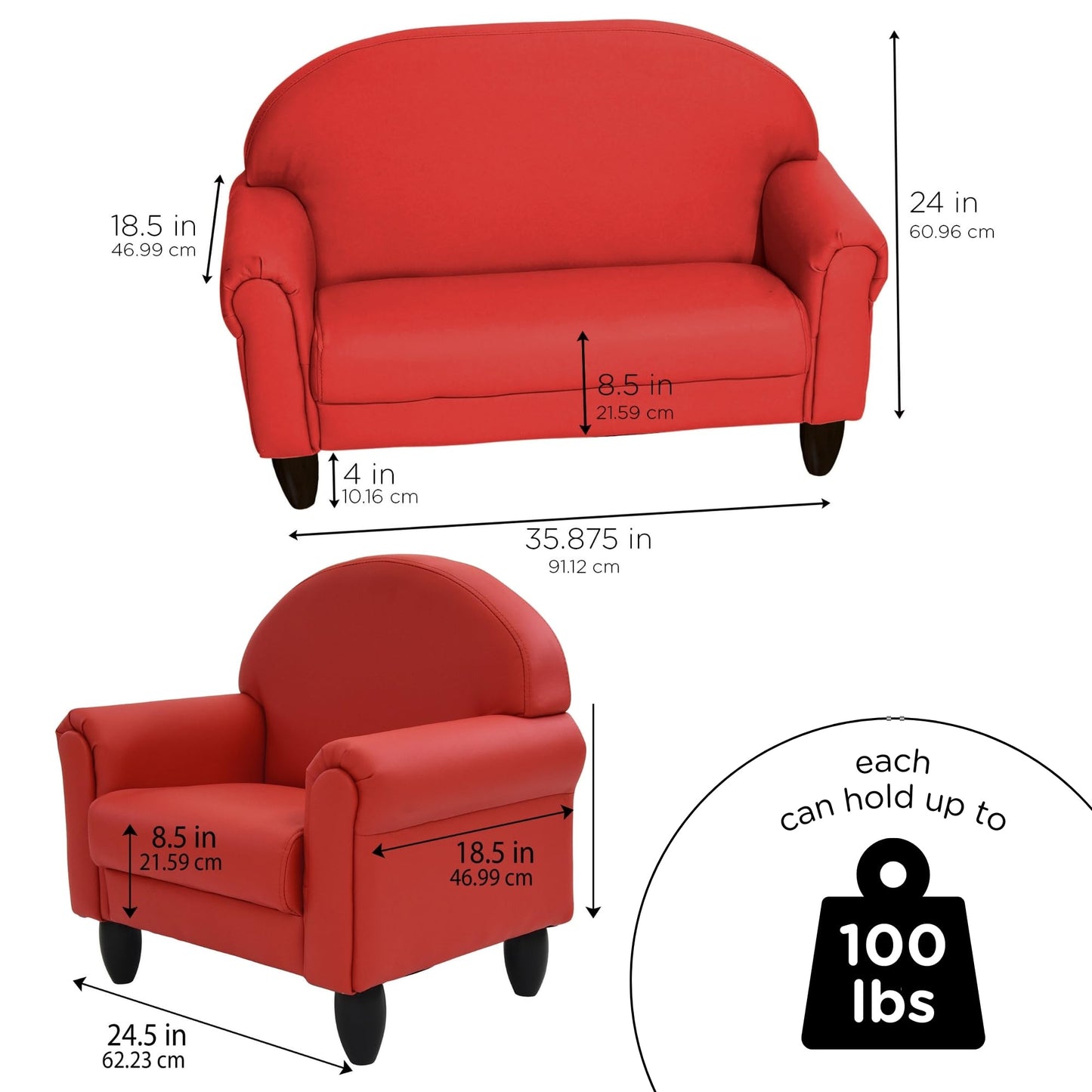 Children's Factory As We Grow Chair and Couch, Flexible Seating for Daycare or Preschool, Foam, Vegan Leather, 914 x 470 x 610 Mm, Red, 1 Count