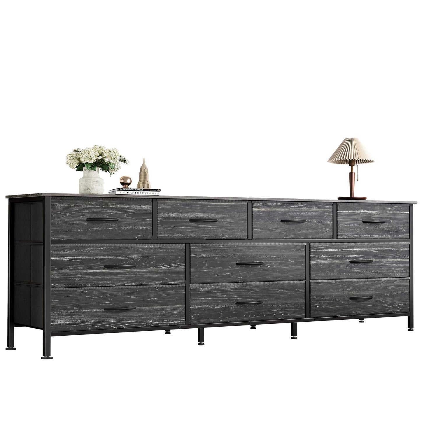 Huuger 63 Inch Dresser for Bedroom, Long Dresser with 10 Fabric Drawers, Large TV Stand for 55, 65, 70 Inch TV, Toy Storage Organizer for Closet, Charcoal Black Wood Grain Print