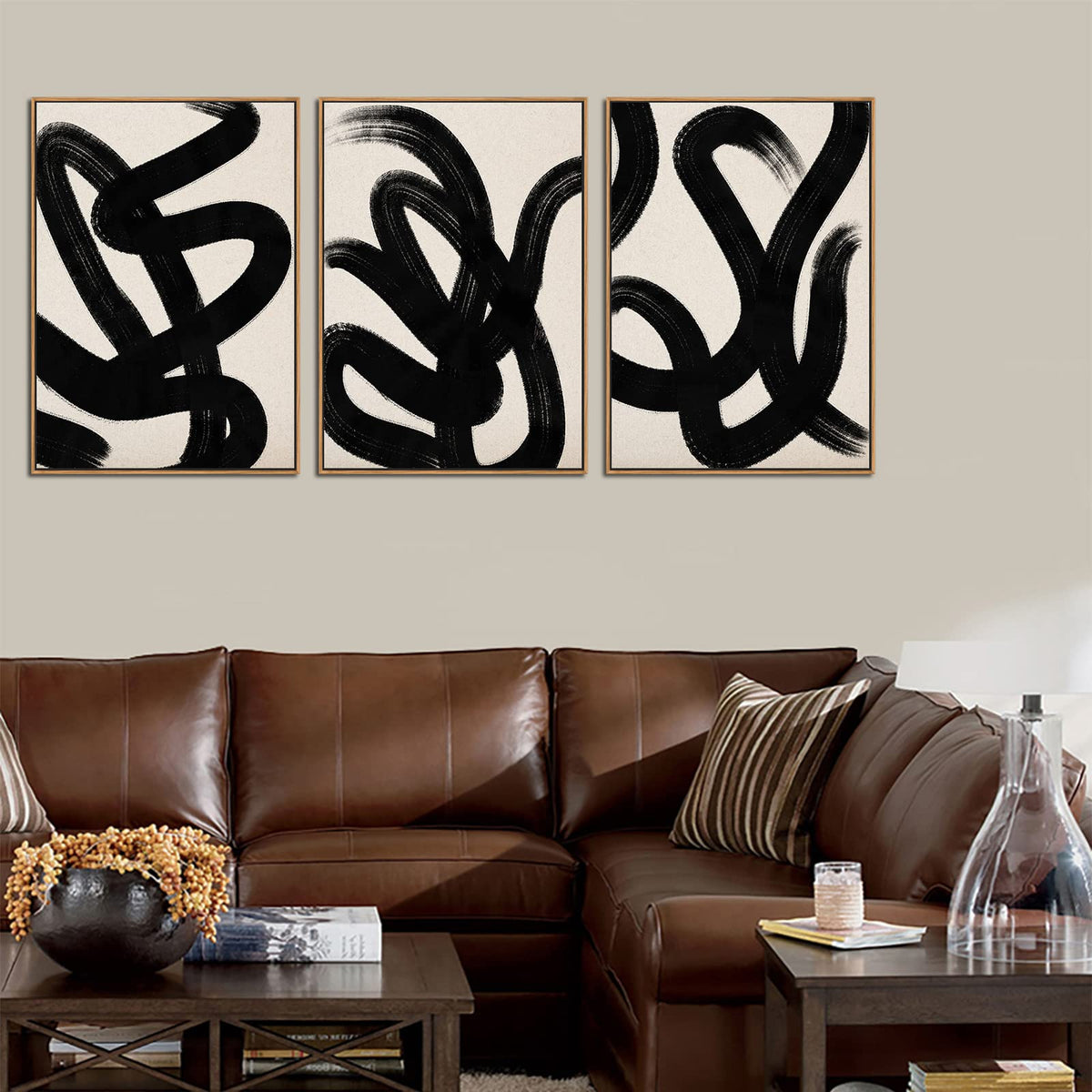 Framed Wall Art Canvas Set Abstract Lines Pictures Modern Mid Century Boho Wall Decor Minimalist Abstract Black Stroke Lines Canvas Painting Artwork Living Room Bedroom Home Office 20"x28"x3 Natural