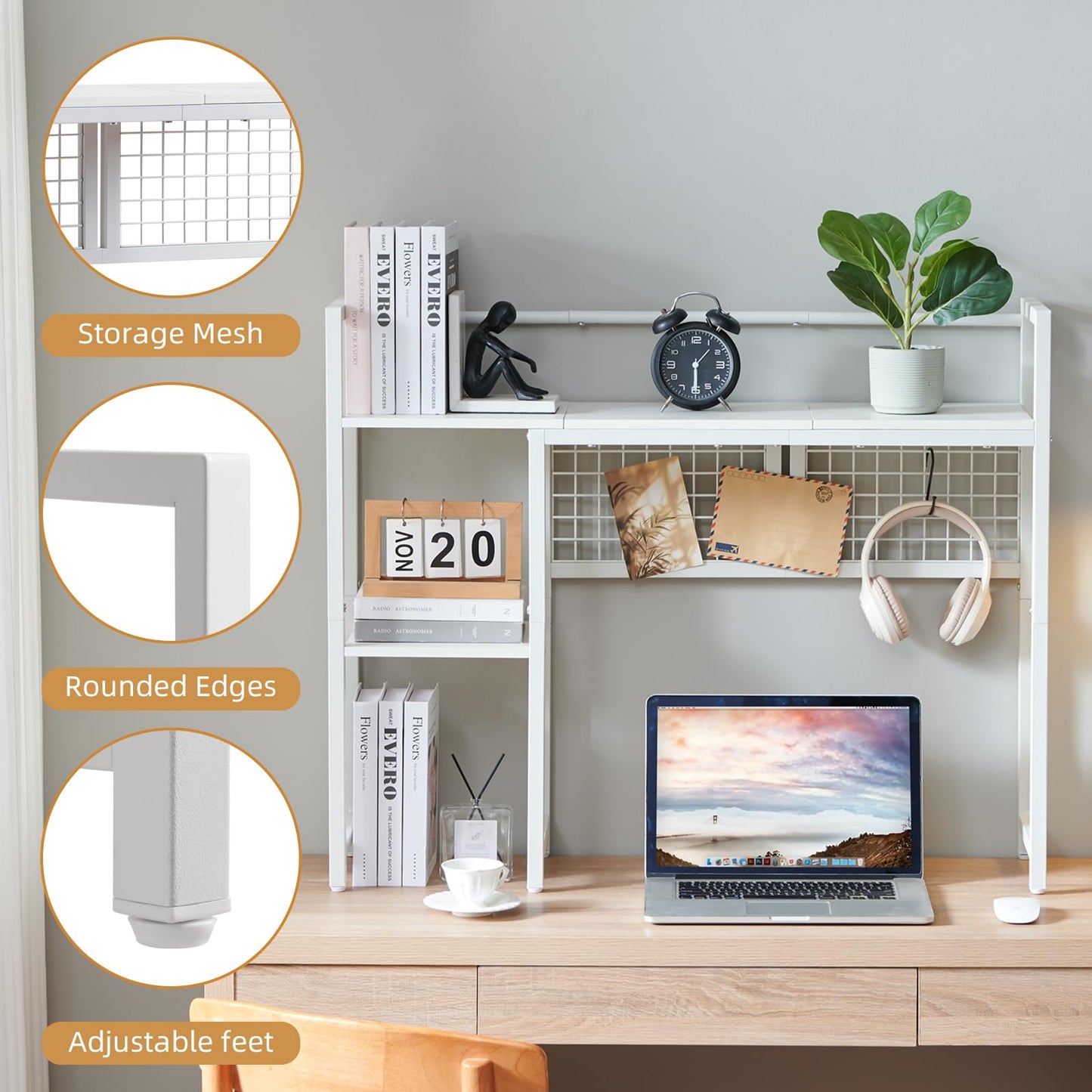 Grecodown 4-Tier Desk Hutch Shelf with Grid Panel, 36” Desktop Bookshelf for Monitor, Office & Home (White, 36")