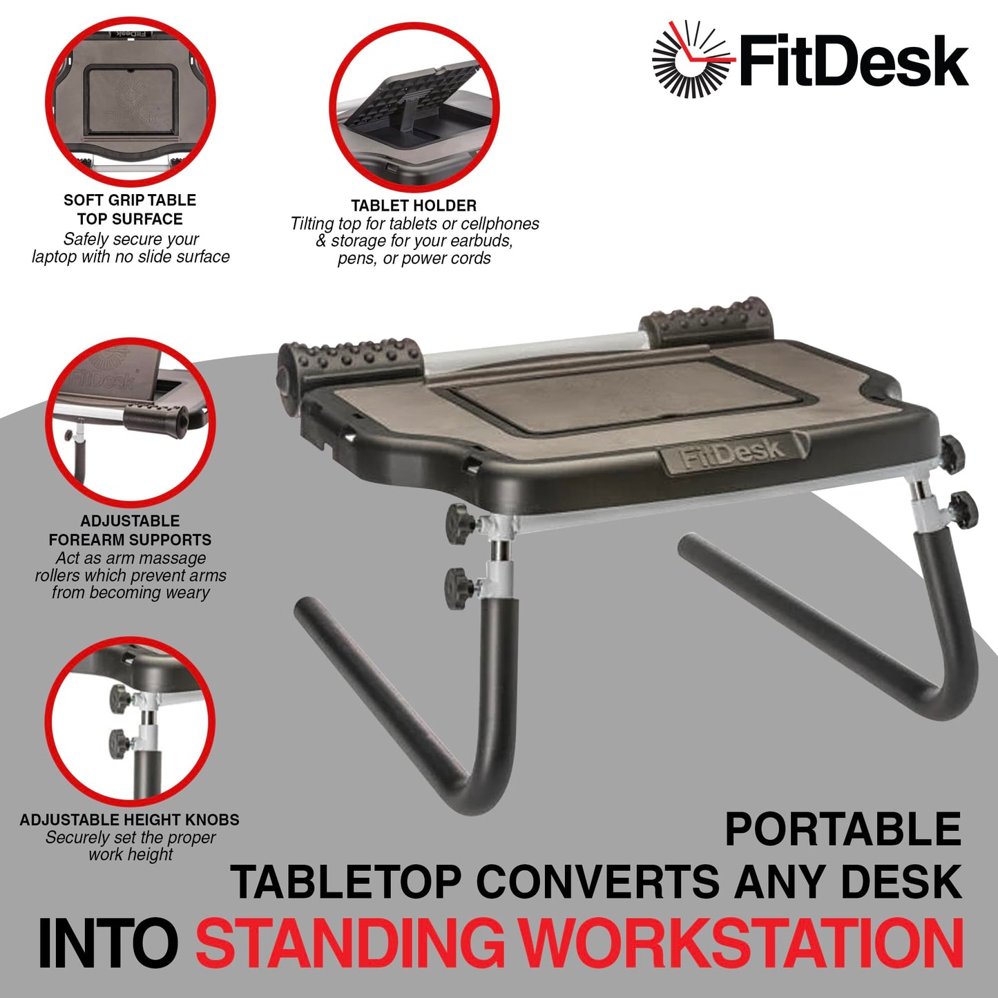 FitDesk Portable Standing Desk Converter with Massage Rollers & Forearm Supports, Adjustable Height Workstation 11" to 20", Ergonomic Stand-Up Desk with Non-Scratch Grip Legs, White