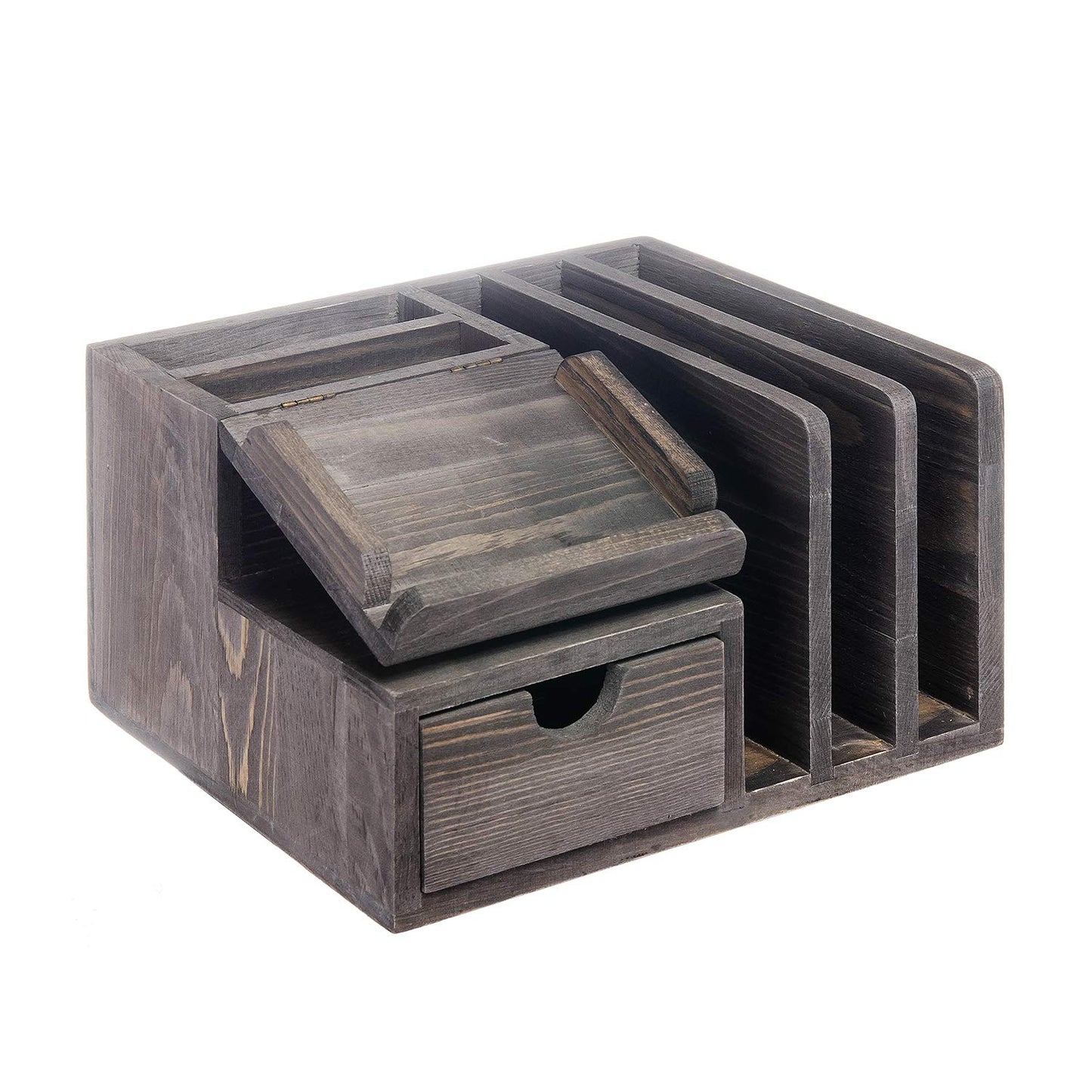 Liry Products Gray Rustic Wood Desk Organizer Storage Cabinet Mail File Paper Sticky Note Memo Pad Folder Office Supplies Caddy Tabletop Holder Accessory Sorter Multiple Compartments with Drawer Home