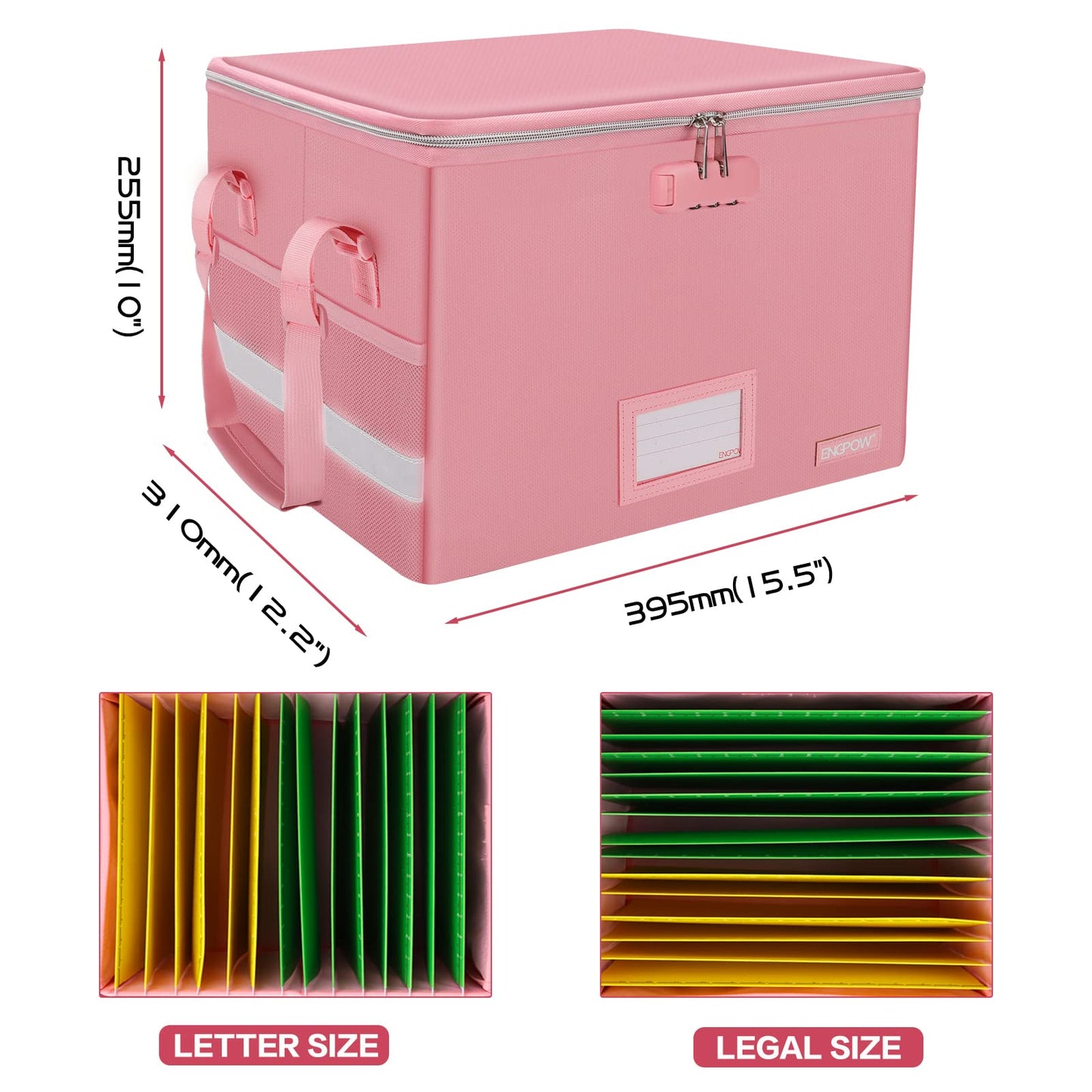 ENGPOW File Box with Lock, Fireproof Document Box with Zipper＆Pockets, Collapsible File Organizer Filing Storage Cabinet with Handle, Portable Home Office Safe for Hanging Letter/Legal Folder, Pink