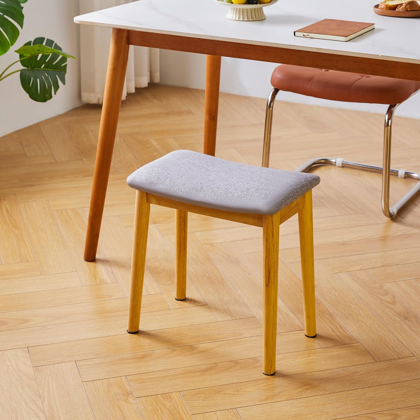 IBUYKE Saddle Cushion Vanity Stool Chair, Foot Rest Stool with Solid Wood Legs, Modern Vanity Bench Ottoman for Piano, Upholstered Seat for Bedroom, Entryway, Wooden Legs&Light Gray WBD007NG