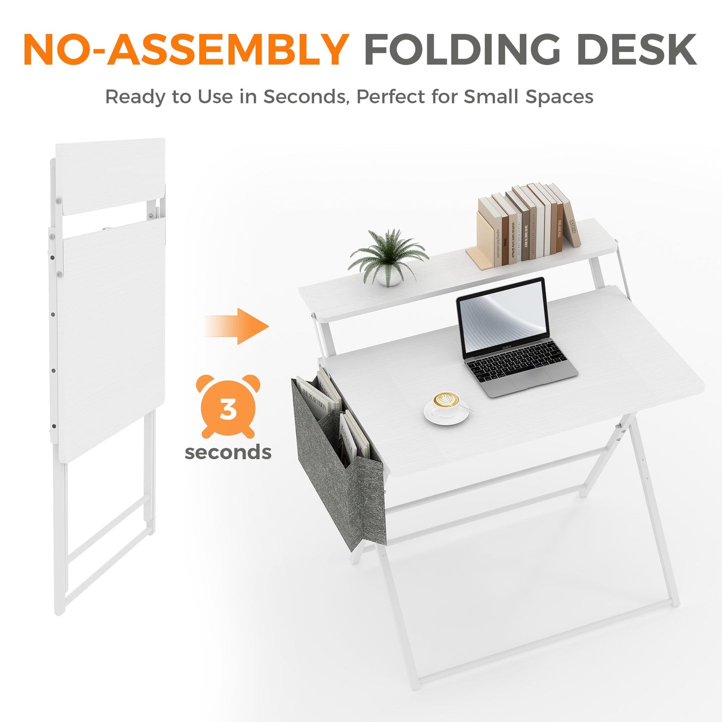 Small Desk No Assembly,31.5Inch 2-Tier Compact Computer Desk with Shelf & Side Pocket,Space Saving Foldable Table for Home Office, Bedroom or Apartment,Portable Collapsible Sturdy Laptop Desk,White