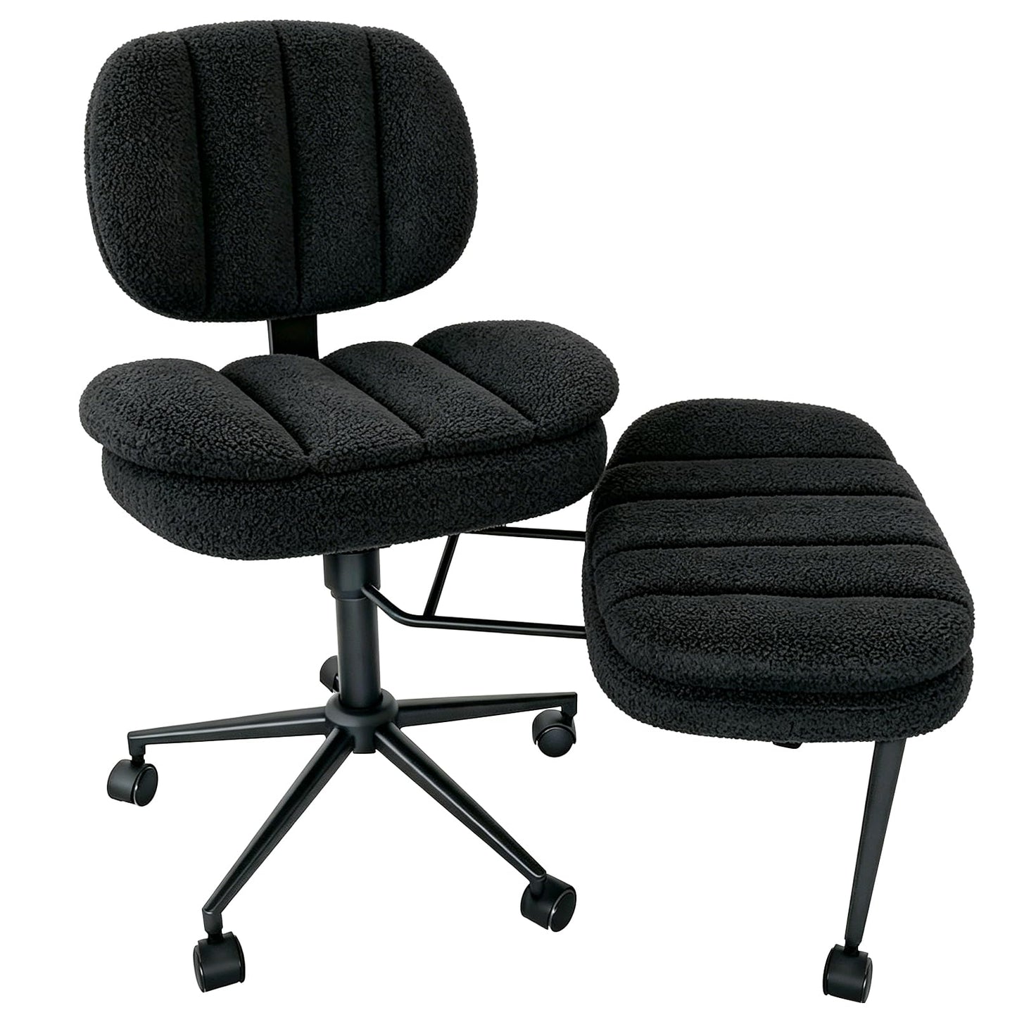 Ergonomic Cross Legged Office Chair with Footrest, 360° Swivel Height Adjustable Faux Shearling Criss Cross Chair, Wide Seat & Back Support for Home Office, ADHD, Black