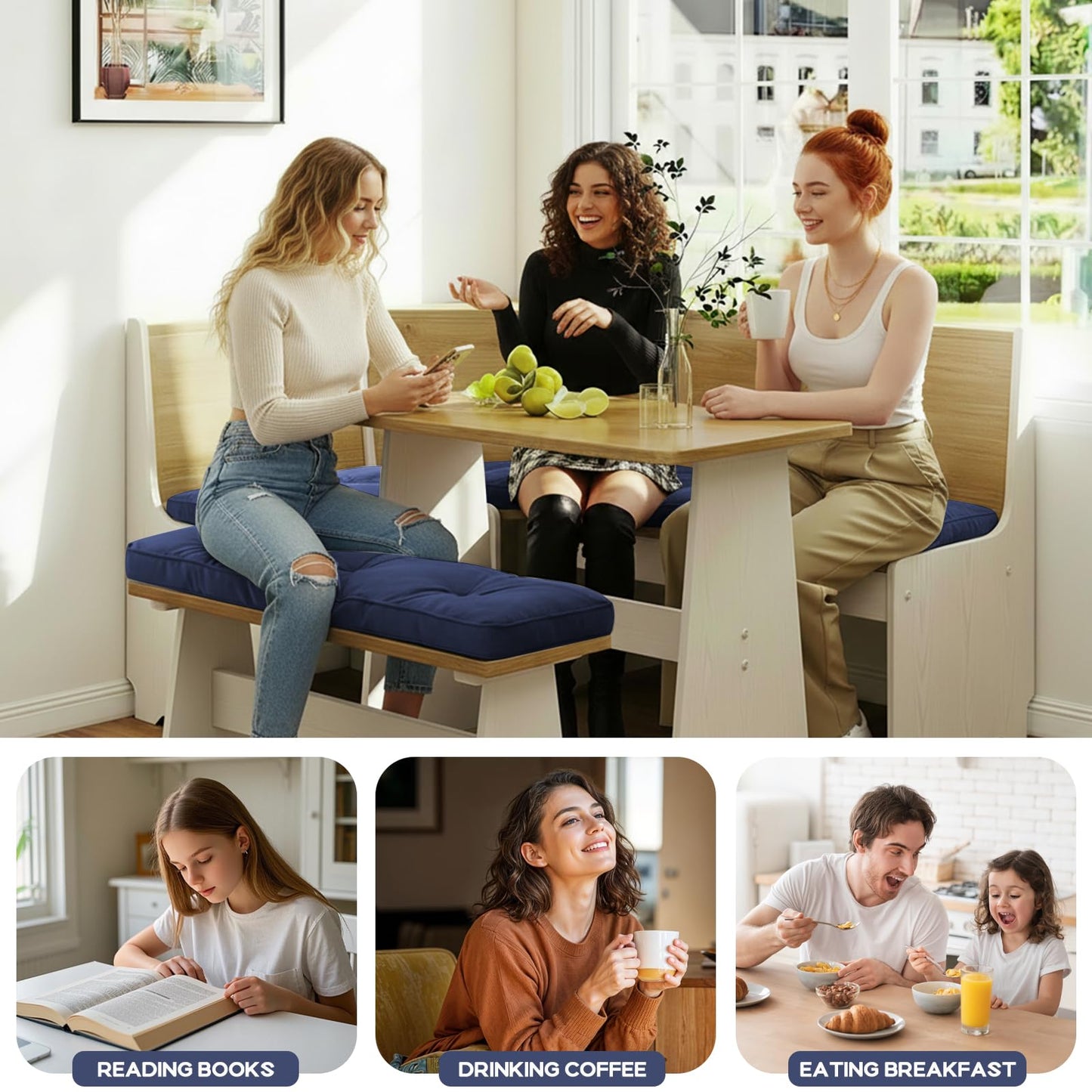 CTLAMK Breakfast Nook Cushions Set of 4, Waterproof Oxford Fabric Kitchen Nooks Cushions, Soft Polyester Filling Cozy Supportive Nooks Cushion, Breakfast Nook Cushion Cozy Dining Area Seating,Blue