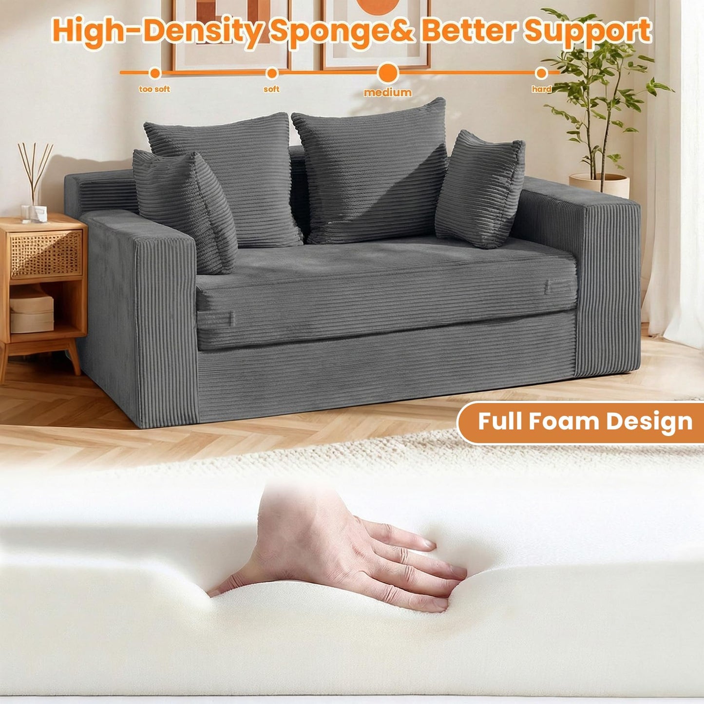 Winzon Boneless Loveseat, 3 in 1 Convertible Sofa Bed Sleeper Sofa Floor Futon Bed with 4 Pillows, 55" Grey Boneless Couch for Living Room, Guest Room, Small Space, No Assembly Required, Corduroy