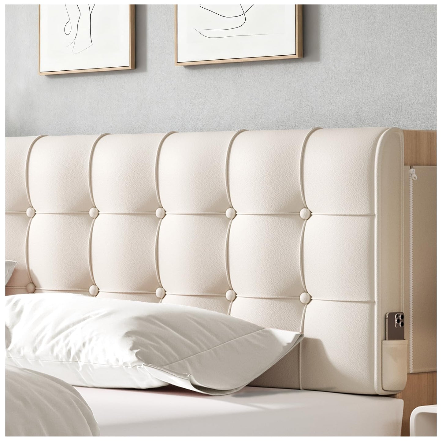 Upholstered Wall Mounted Headboard Full Size with Removable Beige Cushion Peel and Stick Headboard Cover Soft Padded Backrest for Dorm Bed Frame Bedroom Decor Washable Adhesive Head Board (Full,Beige)