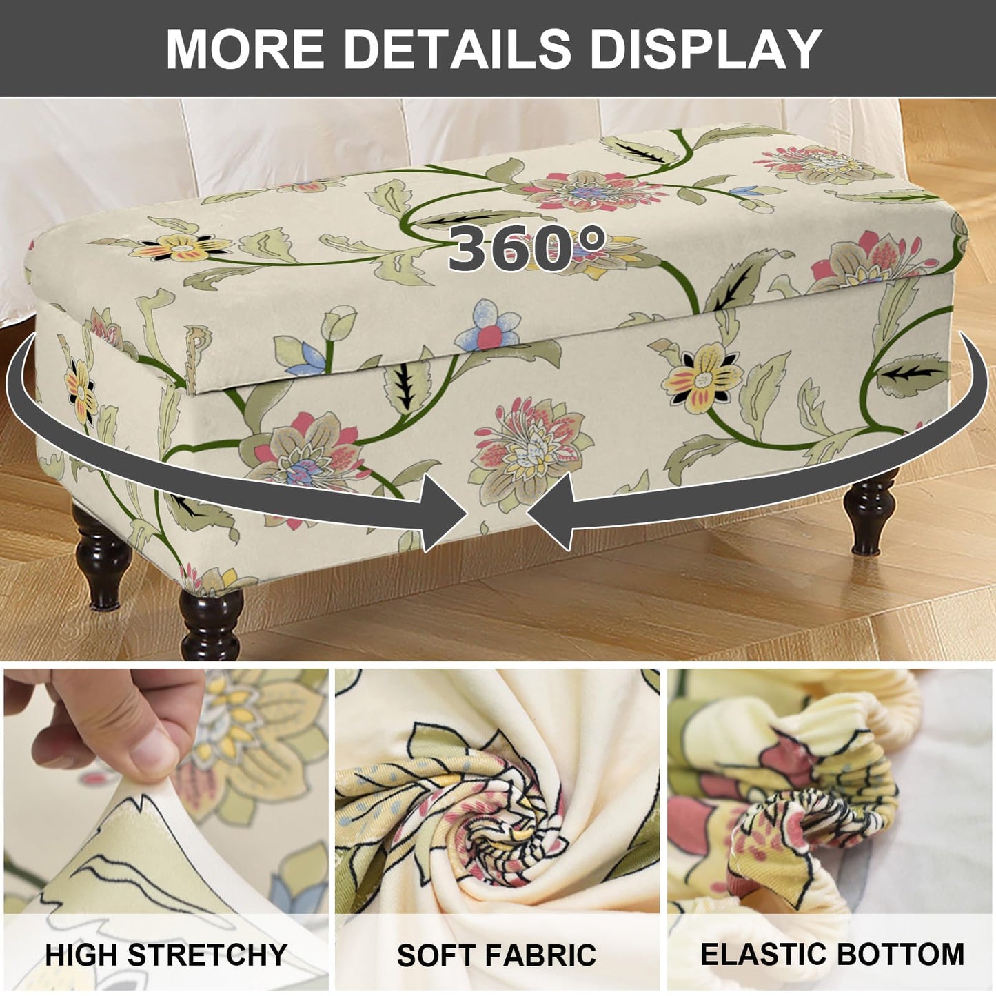 Eco-Ancheng Storage Ottoman Cover Rectangle Ottoman Slipcover Folding Storage Bench Cover Footrest Stool Slipcover Footstool Furniture Protector with Nonslip Elastic Bottom for Living Room (Medium 08)