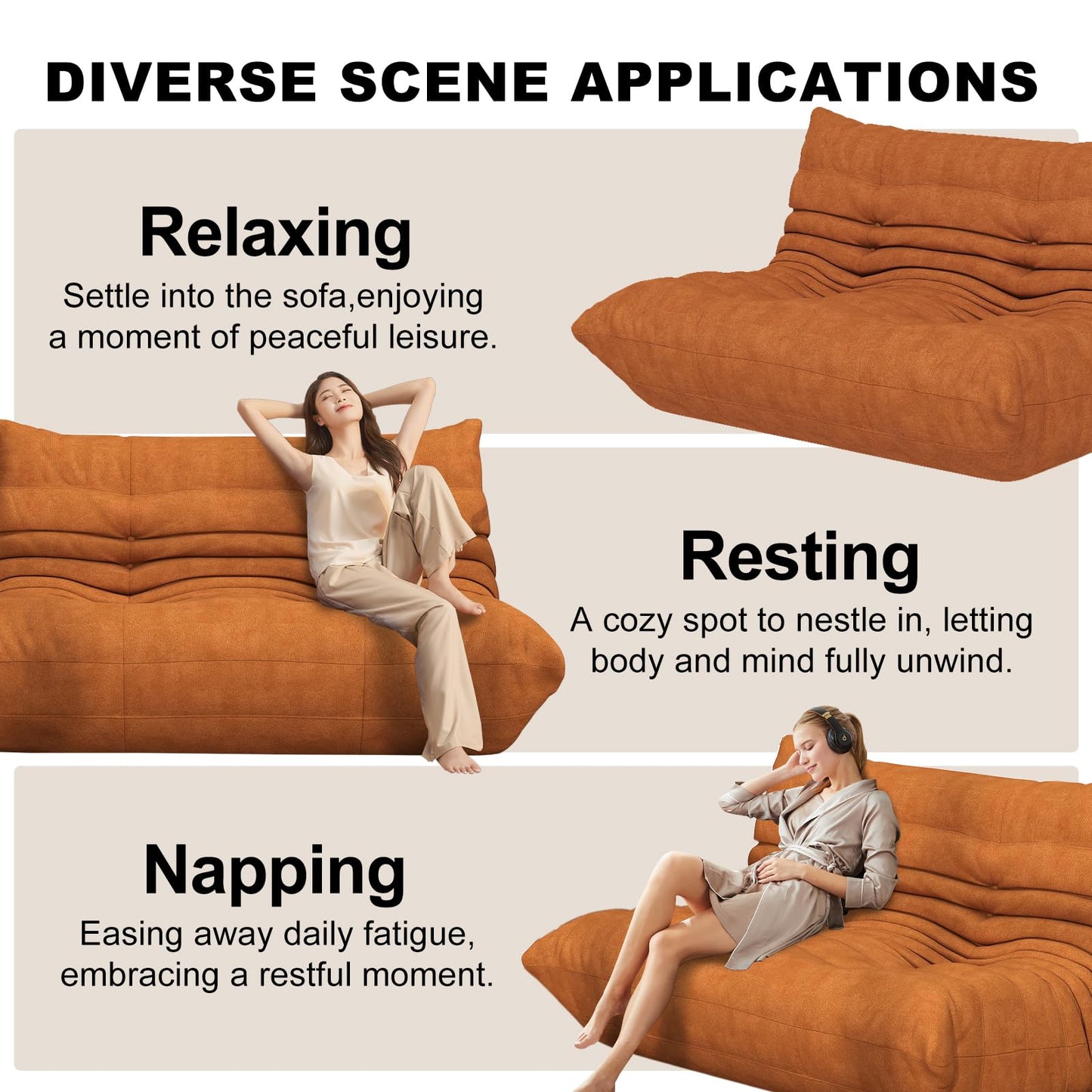 Full Foam Loveseat Sofa,Adults Bean Bag Chairs Floor Couch with Soft Waterproof Fabric,Armless Fireside Lounge Chair for Living Room,Apartment and Office (DarkOrange)