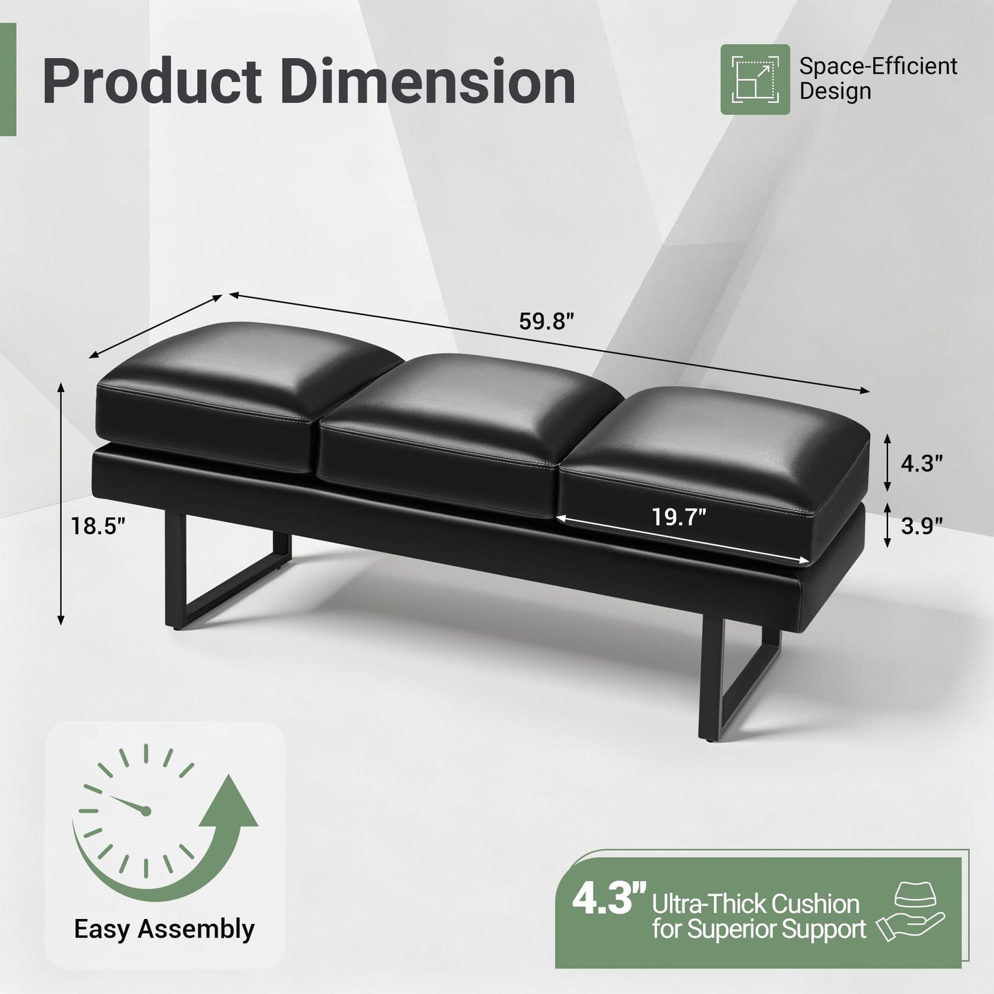Shahoo Waiting Room Bench, Heavy-Duty Leather Reception Chairs with Metal Legs, Office Guest Chairs for Guests, Home Conference Lobby Area, 60 Inch, Black