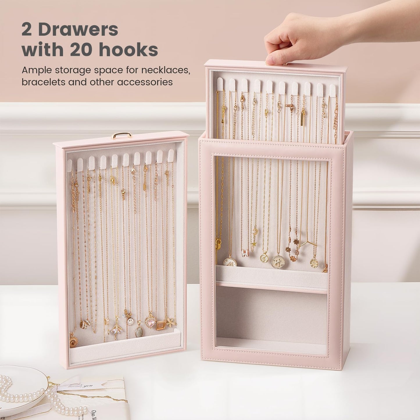 Lolalet Necklace Organizer Box, Jewelry Storage Box with Clear Window for Necklaces Bracelets, Tangle-Free Necklace Display Case for Women Girls, Pink, 2 Layers 20 Hooks