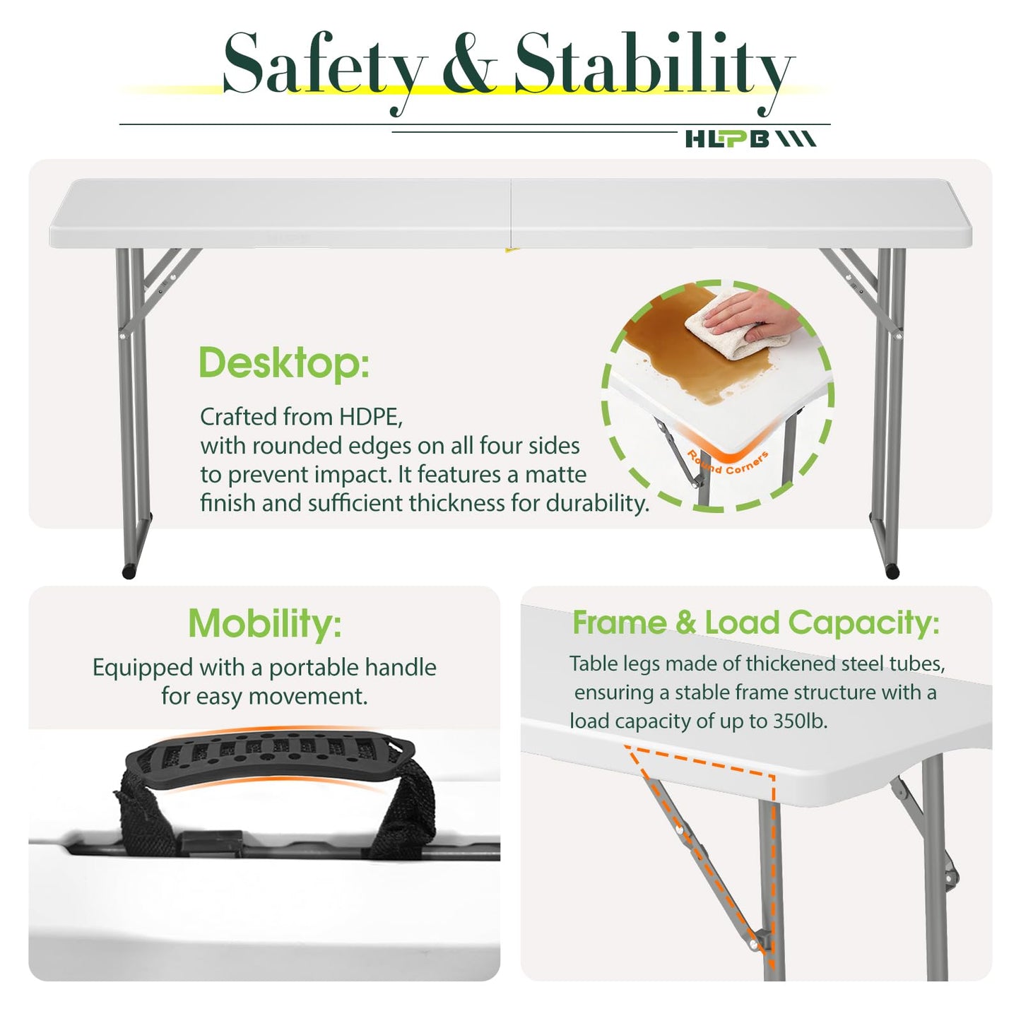 HLPB 6 FT Narrow Folding Table, Tabletop Fold-in-Half, Thickened HDPE Material and Thicker Metal Frame, Foldable with Handle & Safety Locks, Perfect for Meeting, Party, White