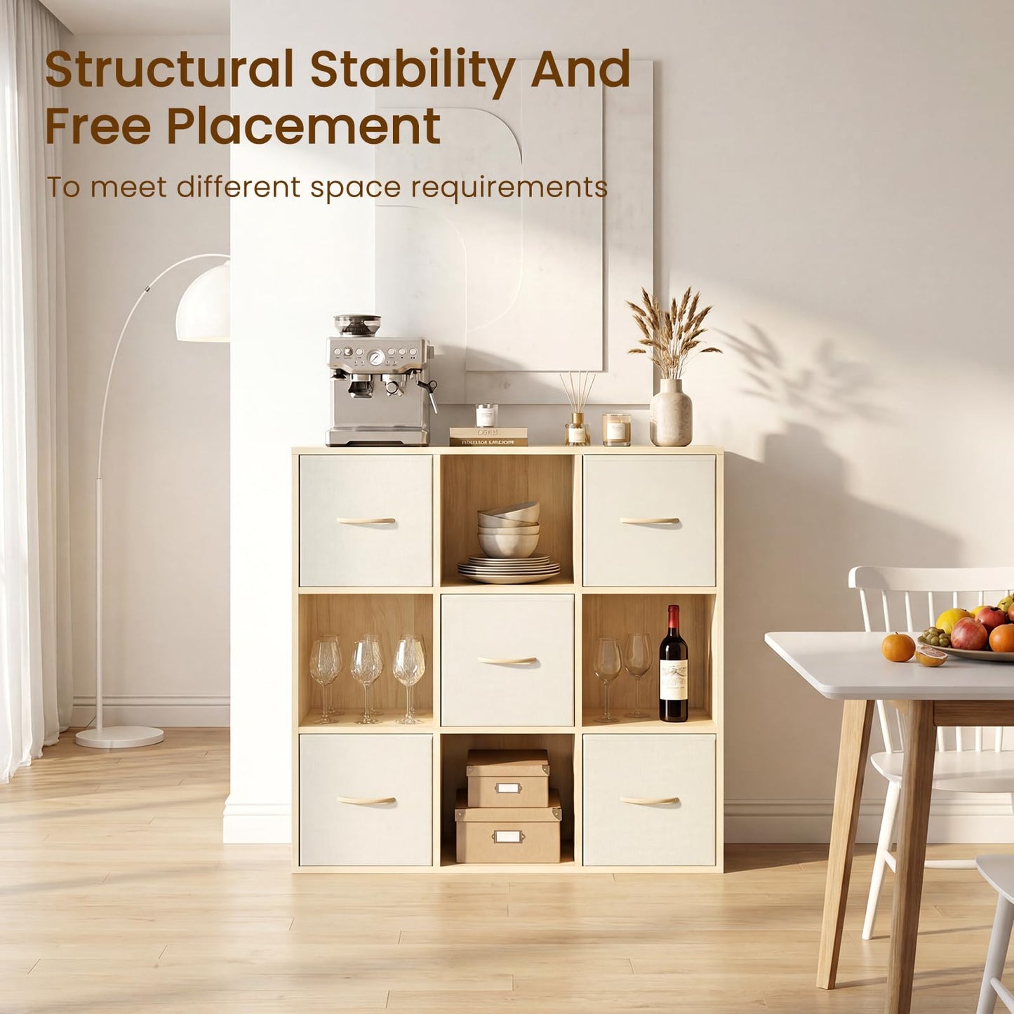 EXPERLAM 9 Cube Storage Organizer - Solid Wood Bookshelf with 5 Storage Bins, Cube Shelf with 3 Removable Back Panels, Vertical or Horizontal Bookcase, Open Book Shelf for Bedroom, Living Room, Office