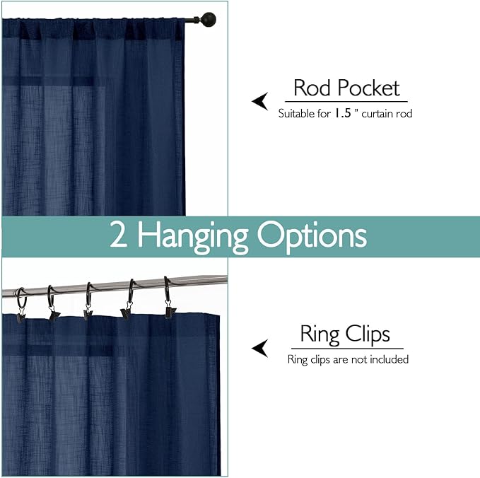 Chyhomenyc Navy Blue Semi Sheer Curtains 36 Inch Length, Light Filtering Faux