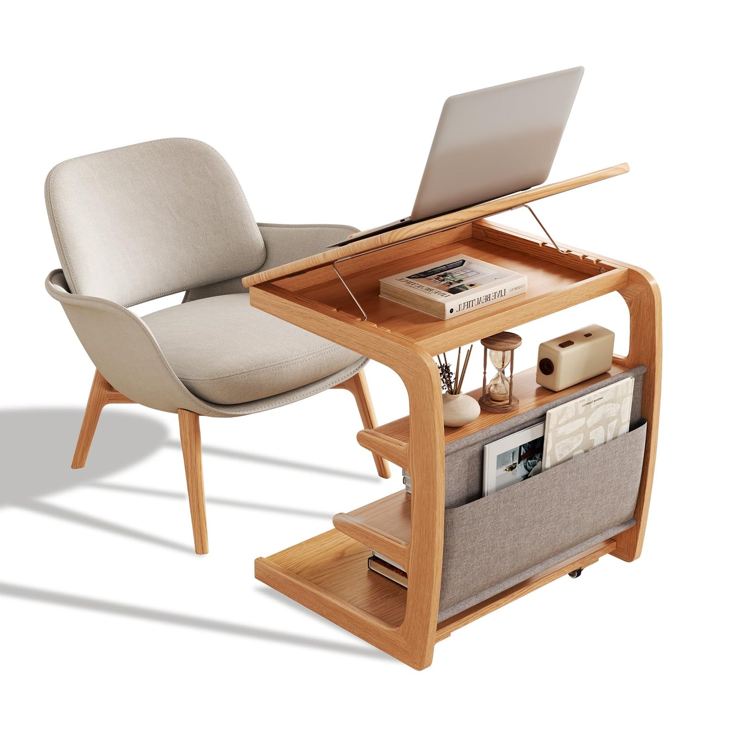 AQIMUELE Rolling Side Table, C Shaped End Table, C Table with 4 Wheels Solid Wood Small Rolling Desk with Adjustable Desktop,C Shaped End Table for Couch,Home Office(15.6" D x 23.6" W x 24.3" H)
