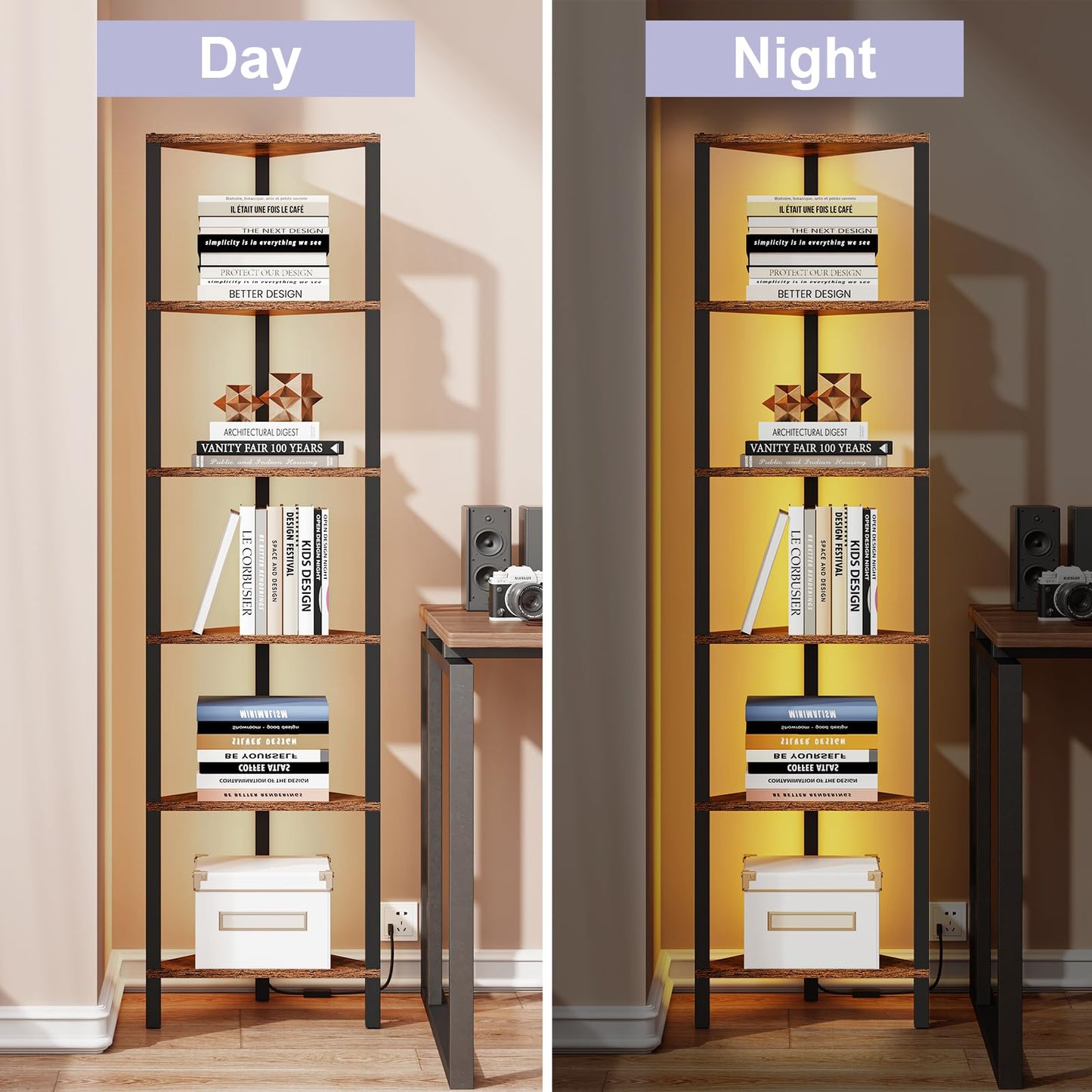 TUTOTAK Corner Shelf with LED Light, 6-Tier Corner Bookshelf for Small Space, Narrow Display Corner Shelf Stand with Storage Rack, for Living Room, Bedroom, Rustic Brown BS05BB006L