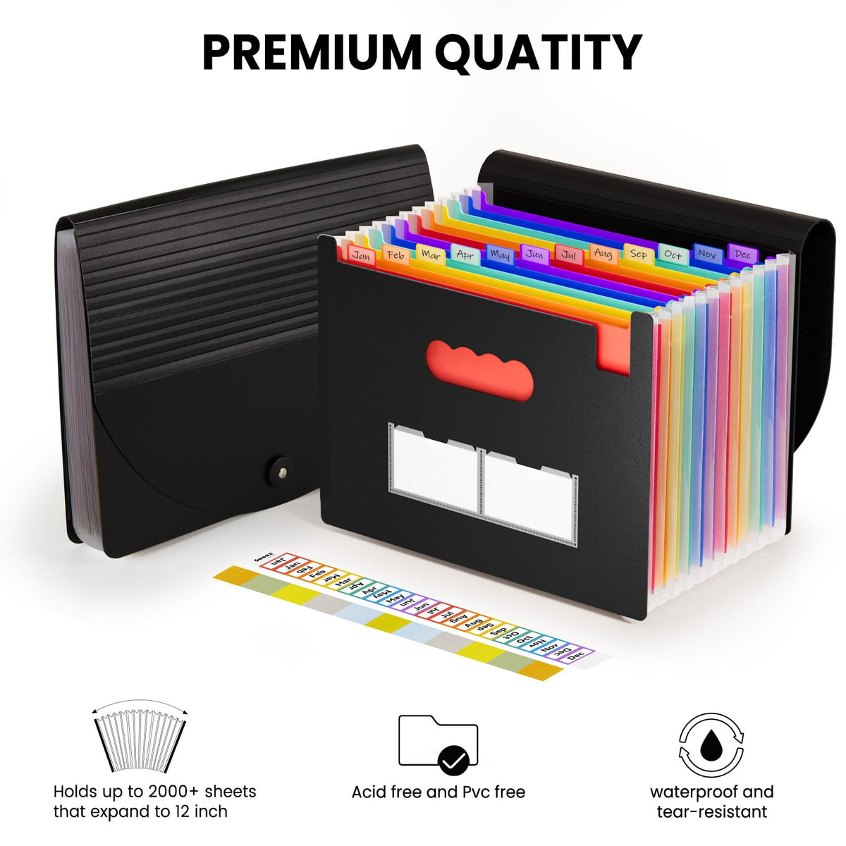 Sooez Accordion File Organizer, 13 Pockets Expanding File Folders, Portable Monthly Paper Bill Tax Receipt Organizer, Letter A4 Size Document Holder with Blank Labels