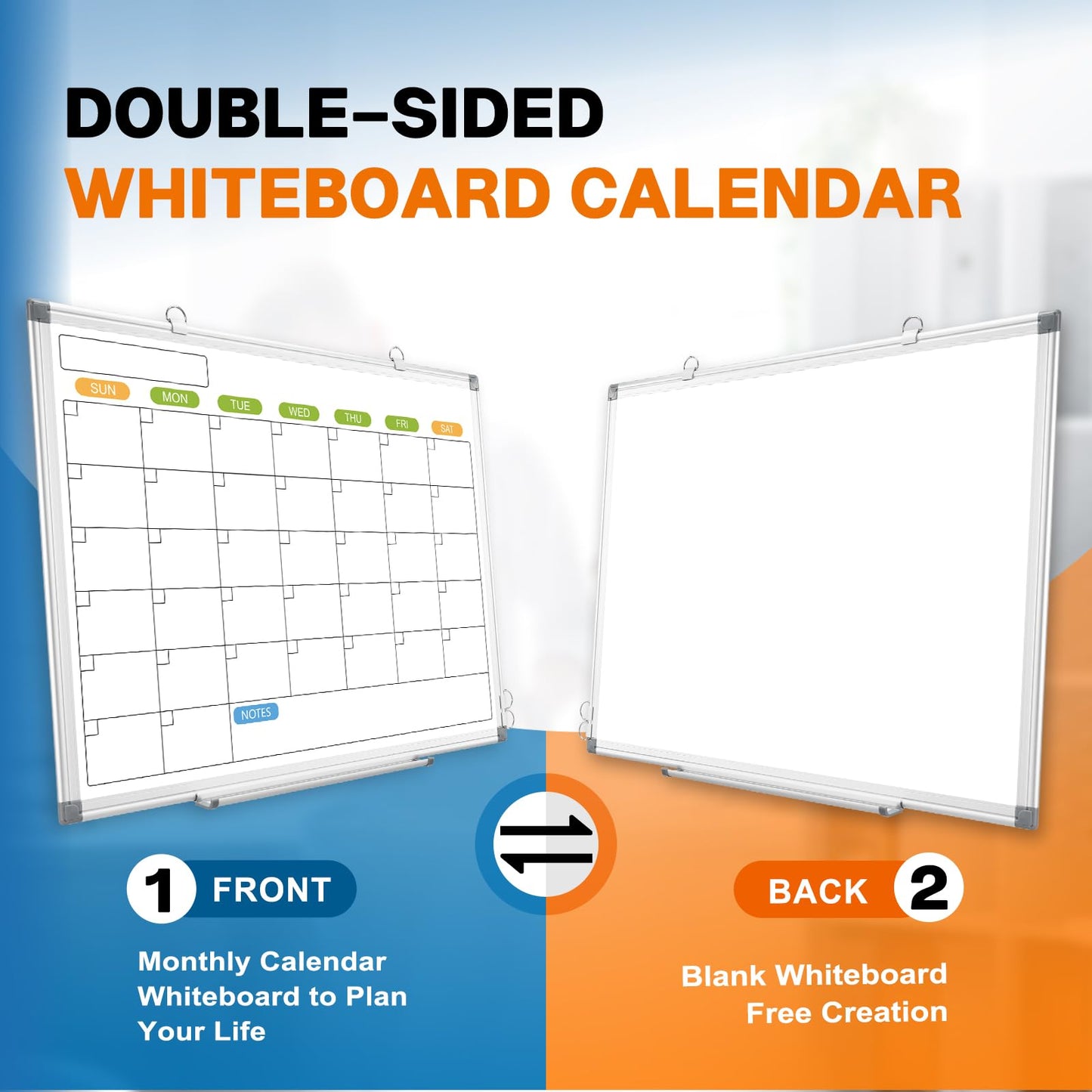 Monthly Calendar Dry Erase Whiteboard for Wall, 36" x 24" Magnetic Dry Erase Board, Hanging Double-Sided White Board, Portable Board for School, Planning, Memo, Home, Office, 2025 Calendar