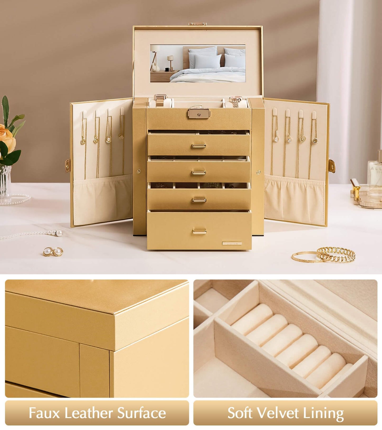 Homde Synthetic Leather Huge Jewelry Box Mirrored Watch Organizer Necklace Ring Earring Storage Lockable Gift Case (Gold)