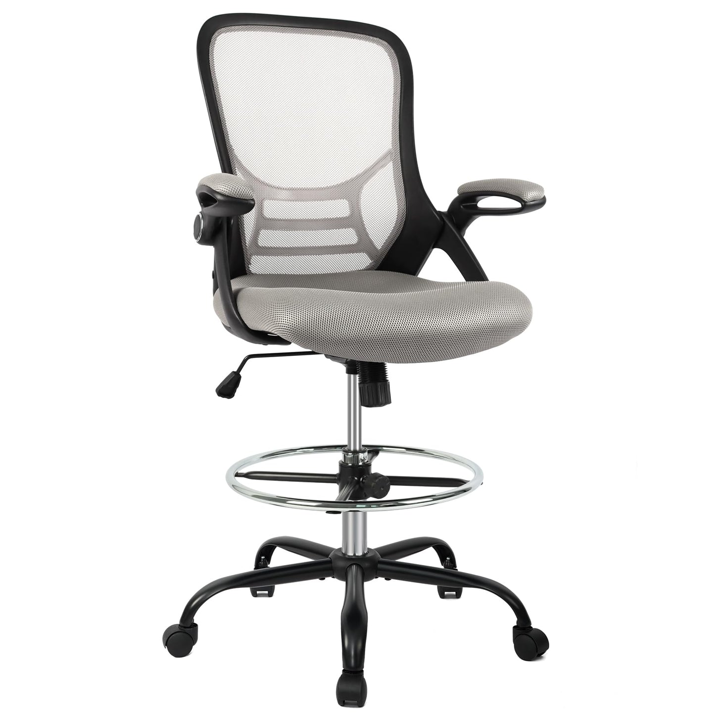 HYLONE Drafting Chair, Tall Office Chair Standing Desk Chair Grey Mesh High-Back Drafting Stool with Flip-Up Arms, Adjustable Foot Ring