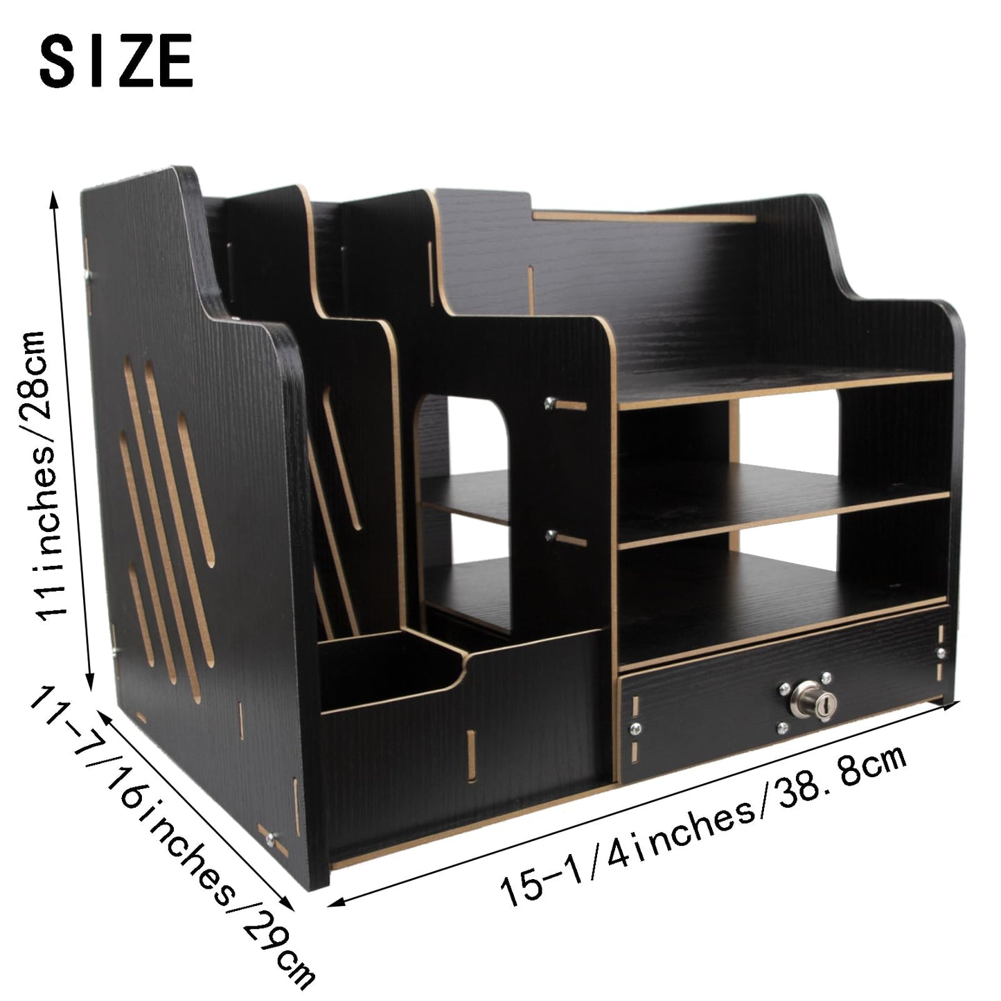 Zyners Bamboo Desk Organizer, Desktop Wood Bookshelf File Organizer, Pen Holder and Tissue Holder, 1 Drawer with lock for Office, Home, Need to Install (Light black)
