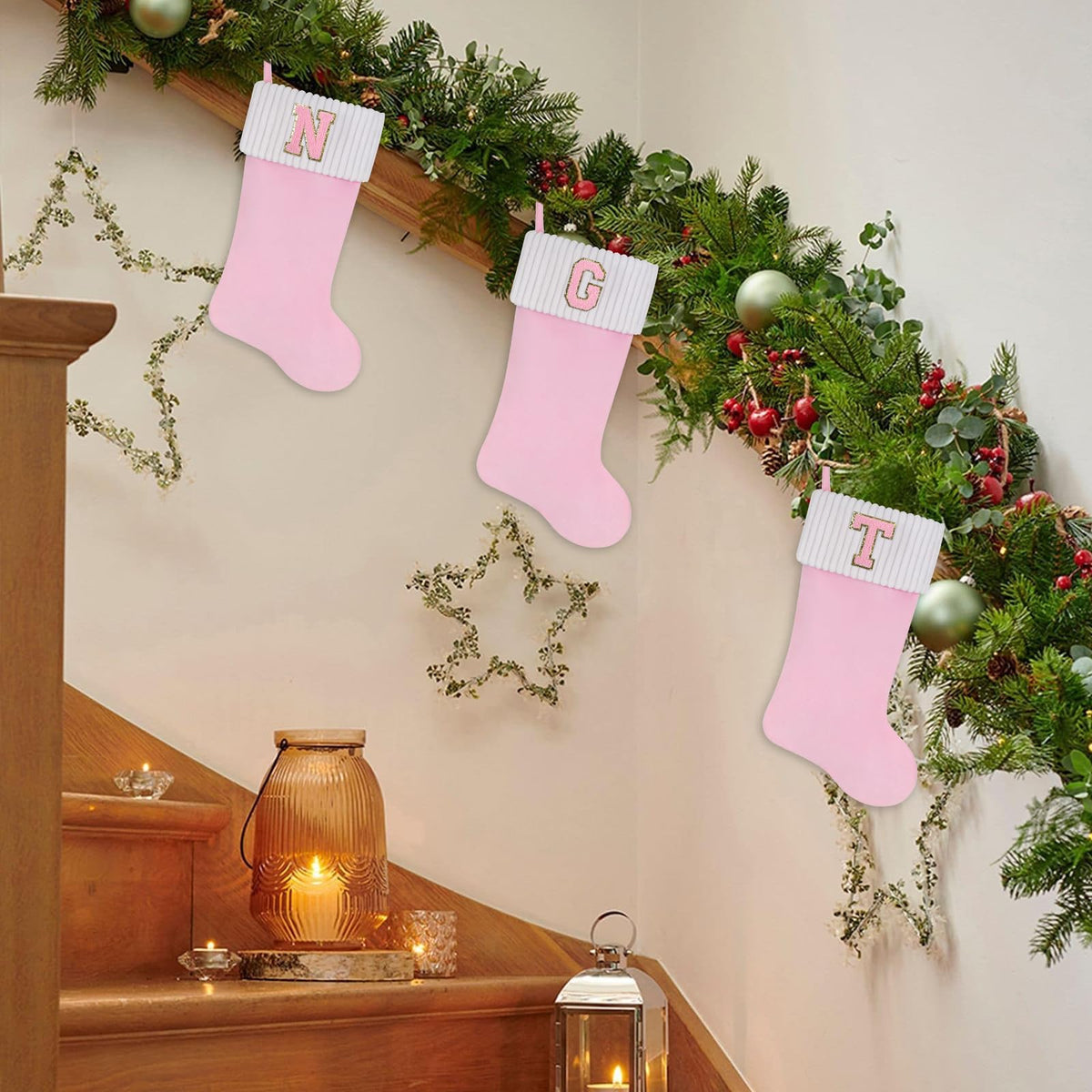Shgngle 20 Inches Letter Embroidered Christmas Stocking,Personalized Pink Velvet Christmas Stocking,Family Holiday Decorations and Xmas Gift(A)