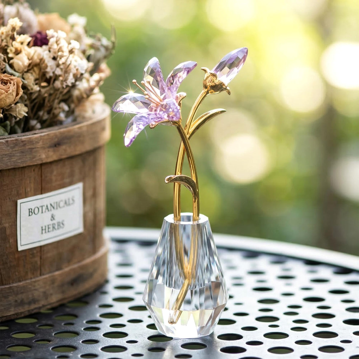 Crystal Tiger Lily Flowers with Crystal Vase, Purple
