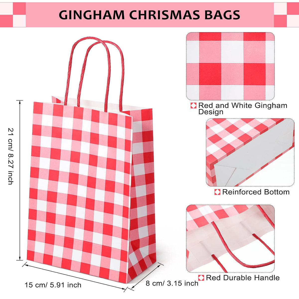 Chinco 30 Pcs Red White Gingham Paper Gift Bags Bulk with Handles, Candy Goodie Plaid Bags for Party Favors Supplies, Christmas, Birthday, Baby Shower, Wedding, Candy, Cookies, Gifts