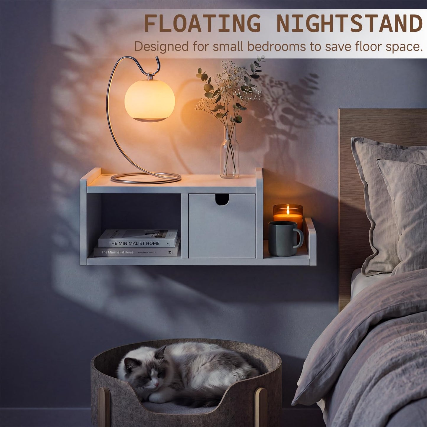 DongRong Floating Nightstand Wall Mounted, Bedside Table with Drawer, Open Cubby & Reversible Side Shelf, Space-Saving Floating End Table for Bedroom/Living Room (White)
