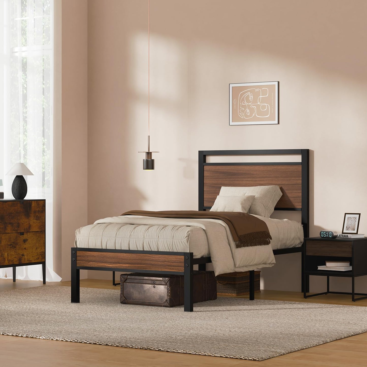 Z-hom Twin Metal Bed Frame with Wooden Headboard and Footboard, Heavy Duty Platform Frame with Mrtal Slats, No Box Spring Needed, Quiet and Non-Slip Design, Saving Space for Small Bedroom,Walnut