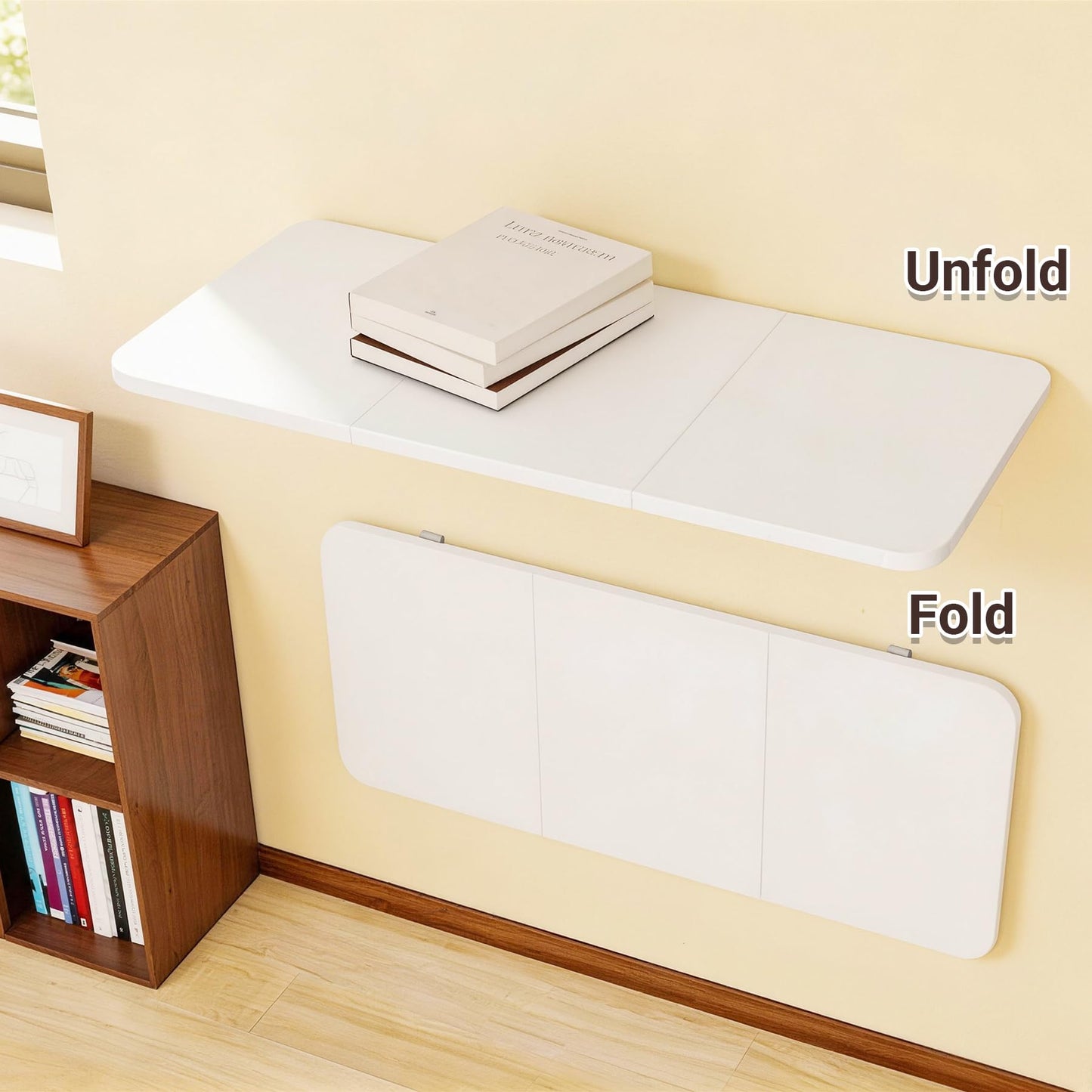 Neoaider Wall Mounted Folding Desk 35.4” x 15.7”, Drop Down Table with Metal Collapsible Brackets, Folding Wall Table for Small Spaces, Home, Office, Kitchen, Laundry Room-White