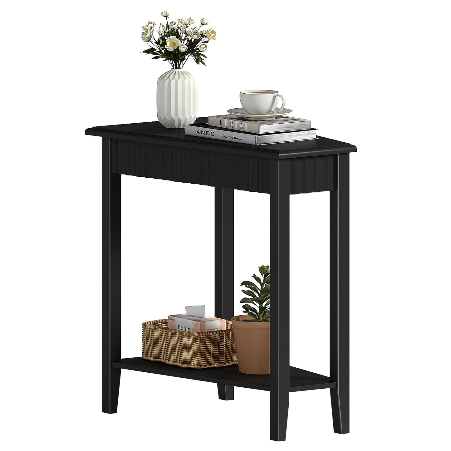 ChooChoo Wedge End Table, Narrow Triangle Side Table with 2-Tier Storage Shelf, Fluted Recliner Side Table for Corner, Living Room, Bedroom, Small Space, Black