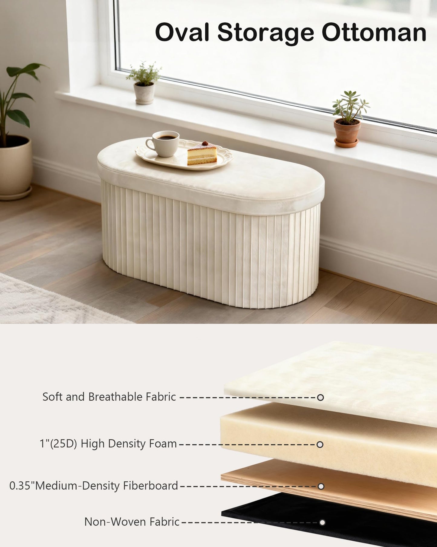 GLAXYFUR Folding Storage Ottoman, Velvet Upholstered Foot Rest, 30 Inches Oval Storage Bench for Bedroom, Living Room & Entryway (Beige)