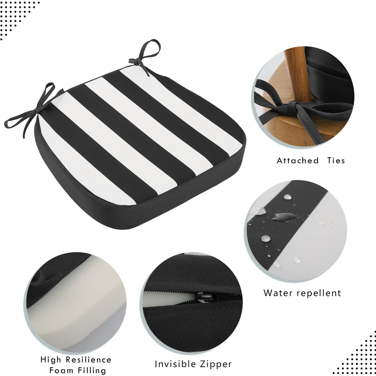 idee-home Outdoor Chair Cushions Set of 2, 17" x 17" x 3" Thick D-Shaped Patio Furniture Outdoor Seat Cushions Waterproof with Ties, Dining Pads