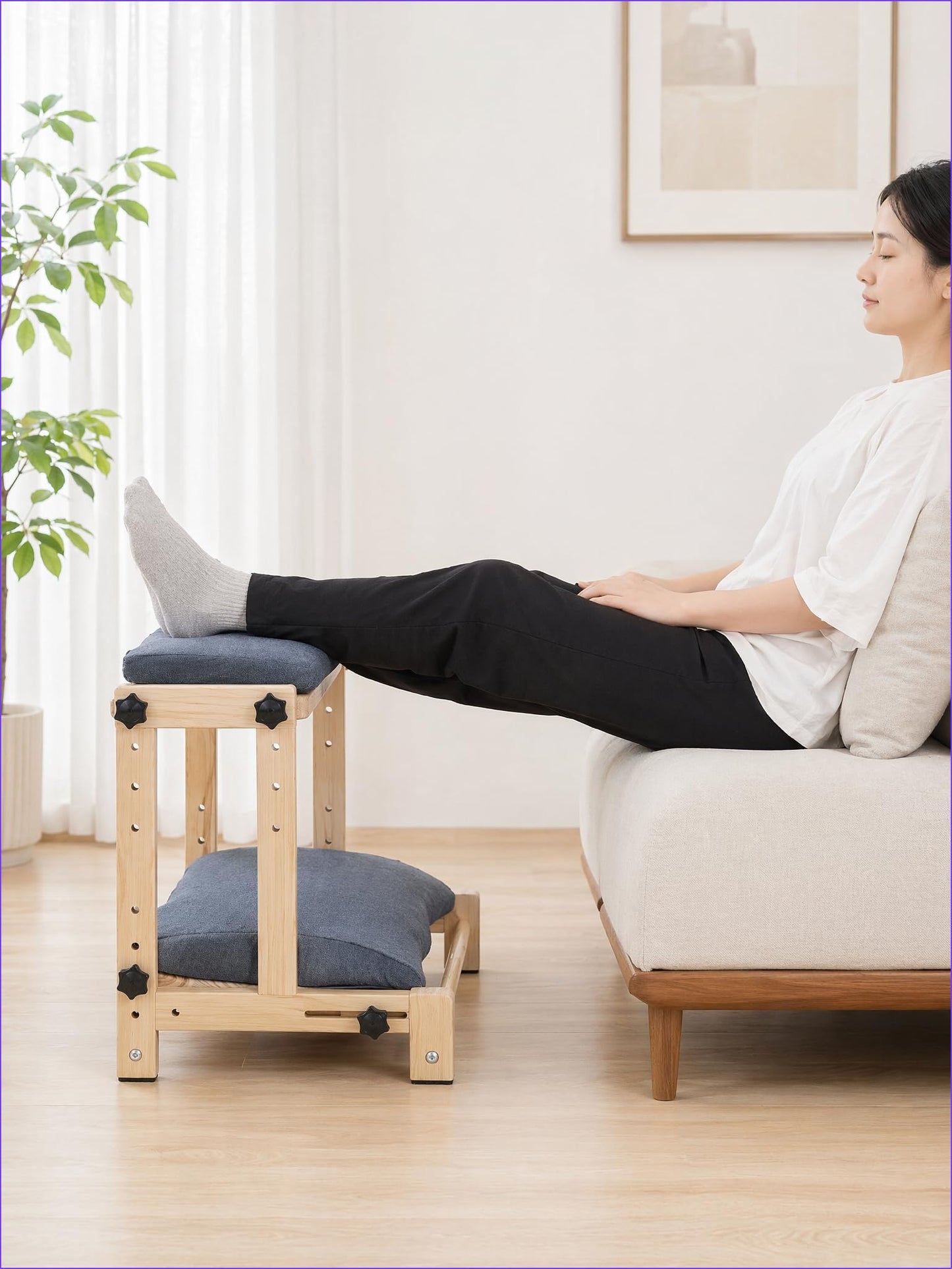 Double Step Foot Rest Under Desk, Adjustable Wooden Foot Stool with 4 Heights – Ergonomic Desk Foot Rest with Soft Short Flannel Cushion for Office, Home, Gaming & Study – Natural Pine Wood