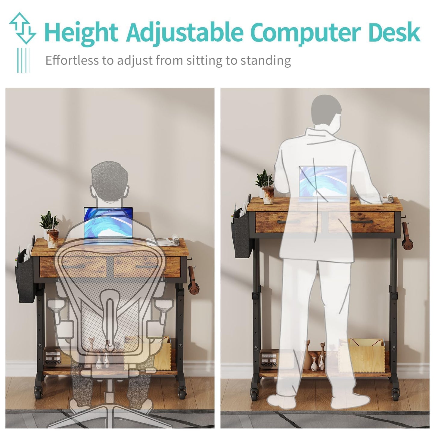 Small Portable Standing Rolling Desk - 32 Inch Adjustable Mobile Stand Up Teacher Desks with 2 Fabric Drawers on Wheels, Couch Sofa Side Laptop Table with Storage for Bedroom Home Office, Rustic Brown
