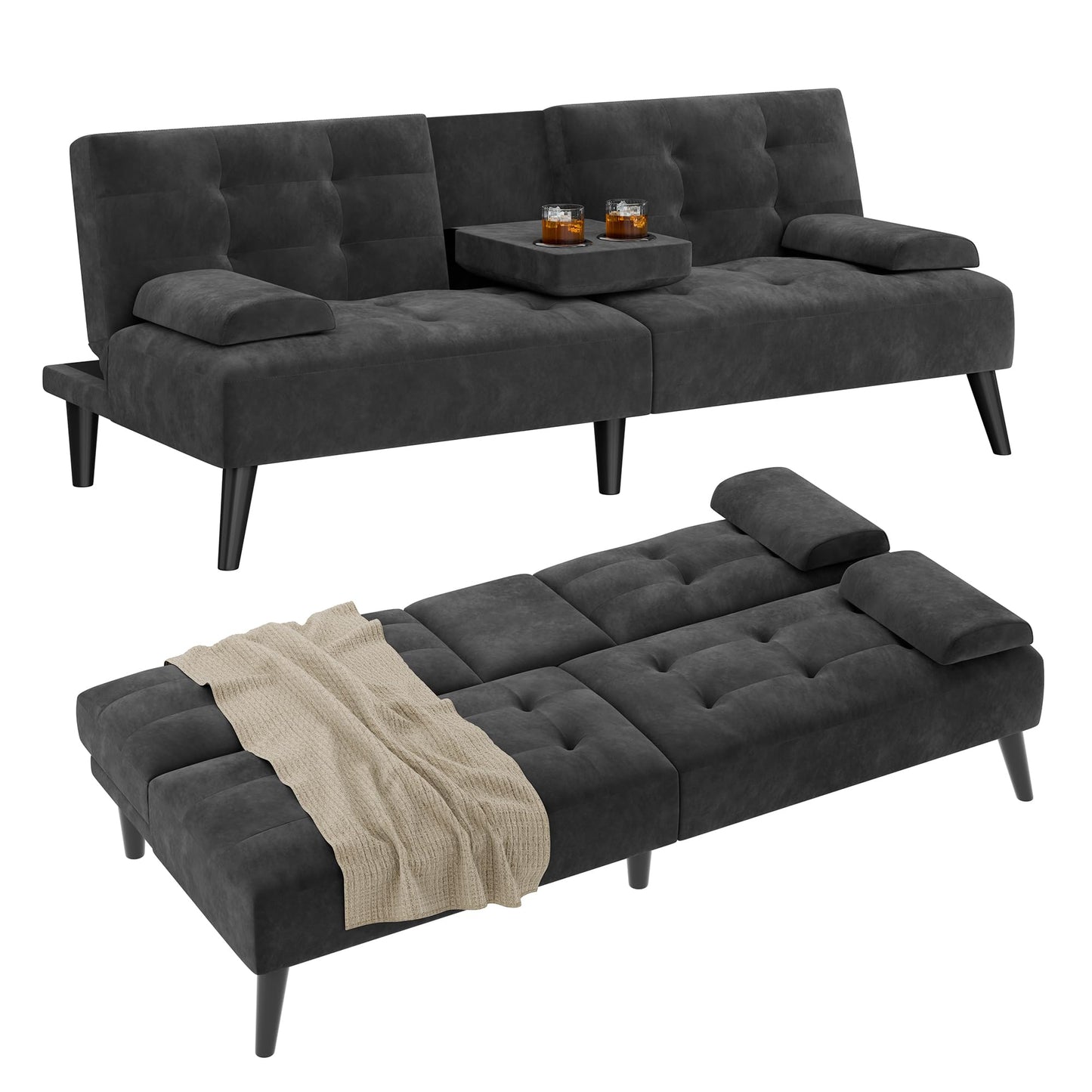 Shintenchi Futon Sofa Bed, Velvet Foldable Couch, Reclining Sleeper with Removable Armrests, Upholstered Loveseat Sofa Couch with Folding Cup Holders for Home, Office, Black