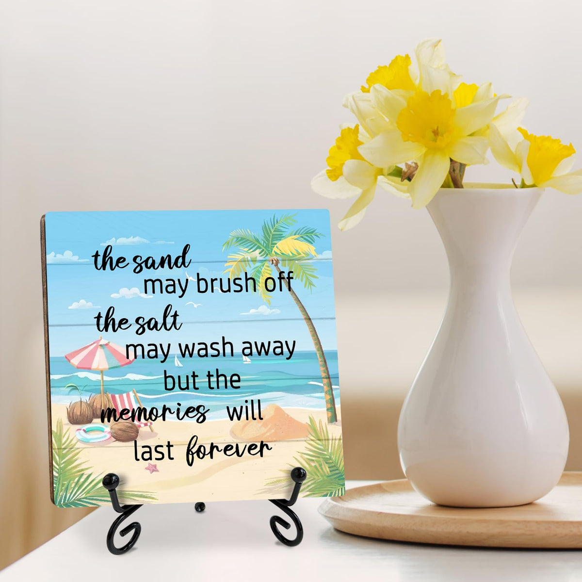 Beach Wooden Sign Desk & Shelf Decor Plaque – "The Sand The Salt" Room Accent with Stand – Coastal Summer Decorations for Home Office, Beachy Room, Bathroom – Beach Gifts for Women, Vacation Gift