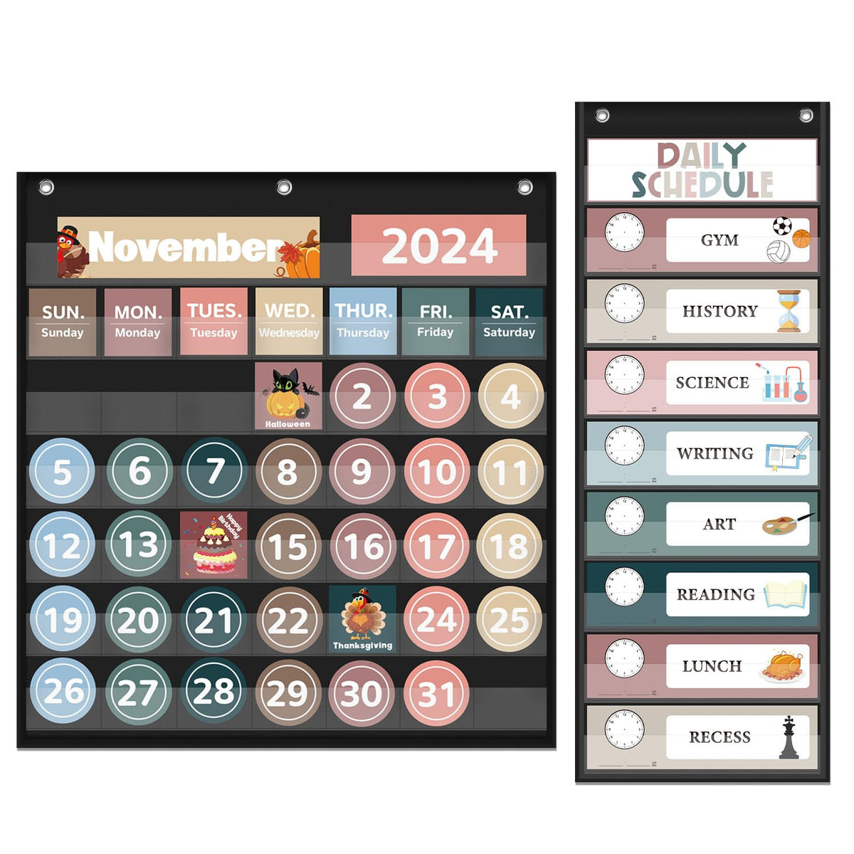 Monthly Calendar Pocket Chart for Classroom, Printed Days of The Week with Cards, Learning for Home or Kindergarten, Teacher Must Have Supplies That Fits Any School Décor (Black Calendar+Daily Schedule)