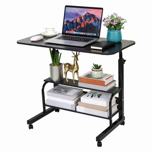 Adjustable Height Mobile Computer Desk for Small Space Rolling Table with Wheels Desk Home Office Study Desk Portable for Bedrooms Work Size 31.5x15.7 Inch Black with Storage Gaming Table B