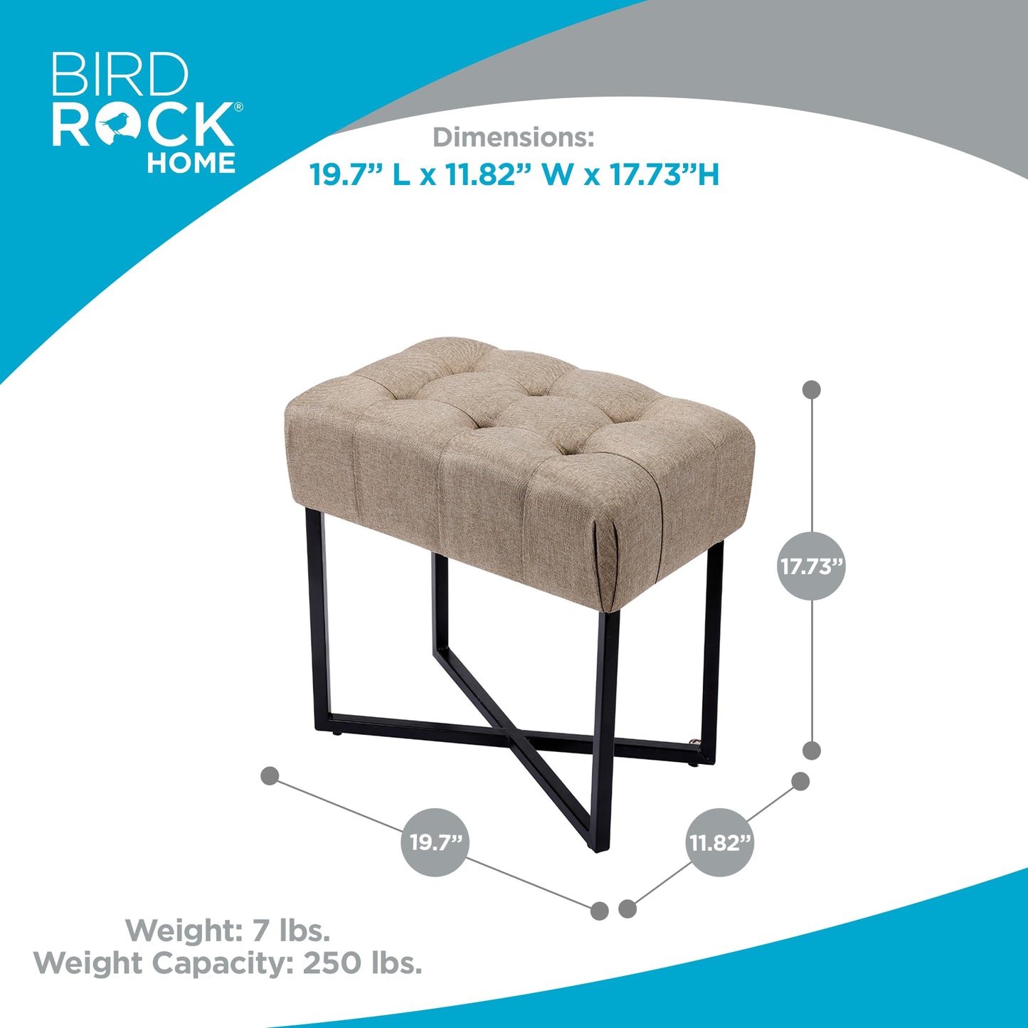 BIRDROCK HOME Rectangle Tufted Linen Ottoman Foot Rest - 19.7x11.82x17.73” Small Foot Stool with Legs - Padded Footrest Modern Ottomans for Living Room Furniture, Bedroom Footstool (Beige)