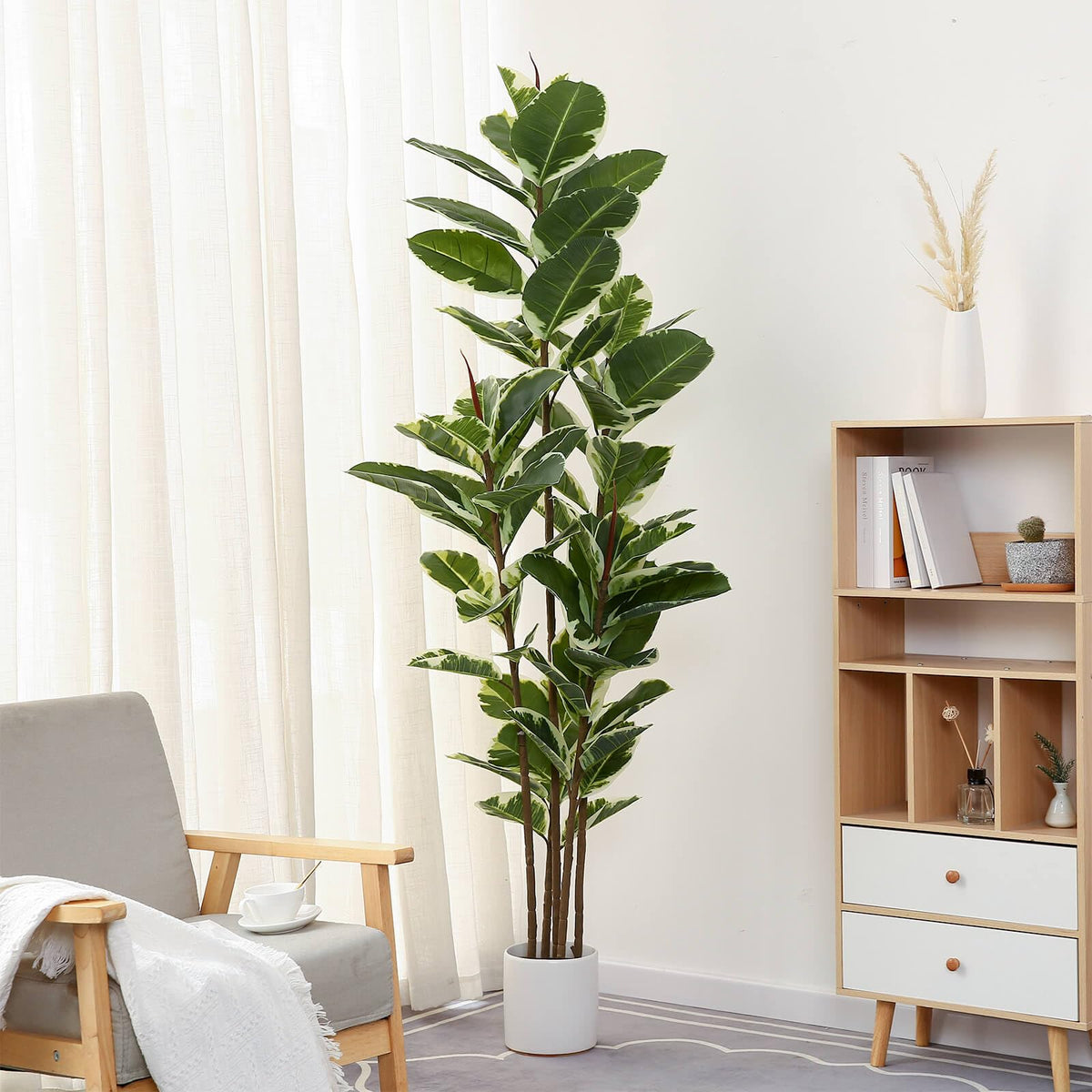 FLOWORLD Artificial Rubber Tree Plant 6ft Tall Faux Ficus Tree Potted Fake Tropical Plants Decorative House Plants Large Floor Artificial Trees for Home Office Decor, Without The Pot