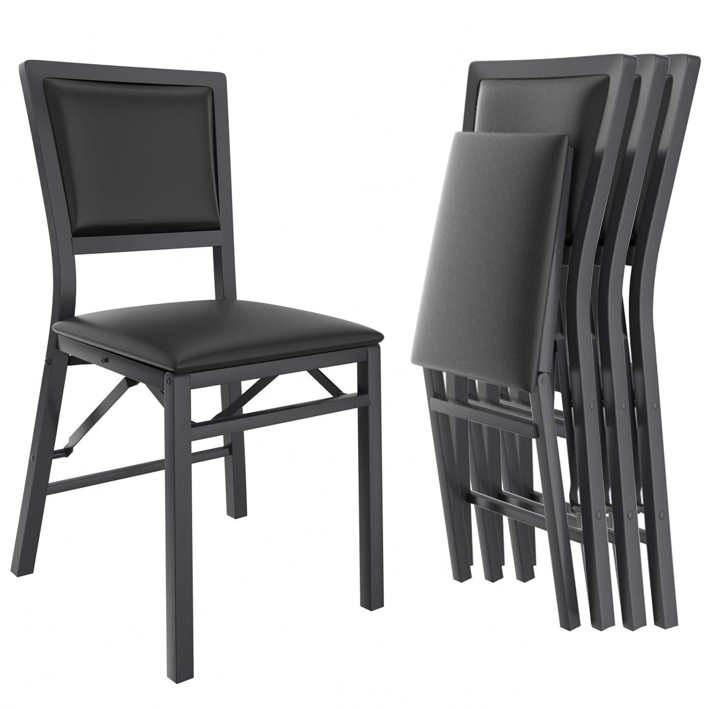 VECELO Folding Chairs Set of 4 with Cushion, Foldable Padded Seats with Heavy Duty Metal Frame for Kitchen/Dining/Living Room, No Assembly & Space Saving Design, Black