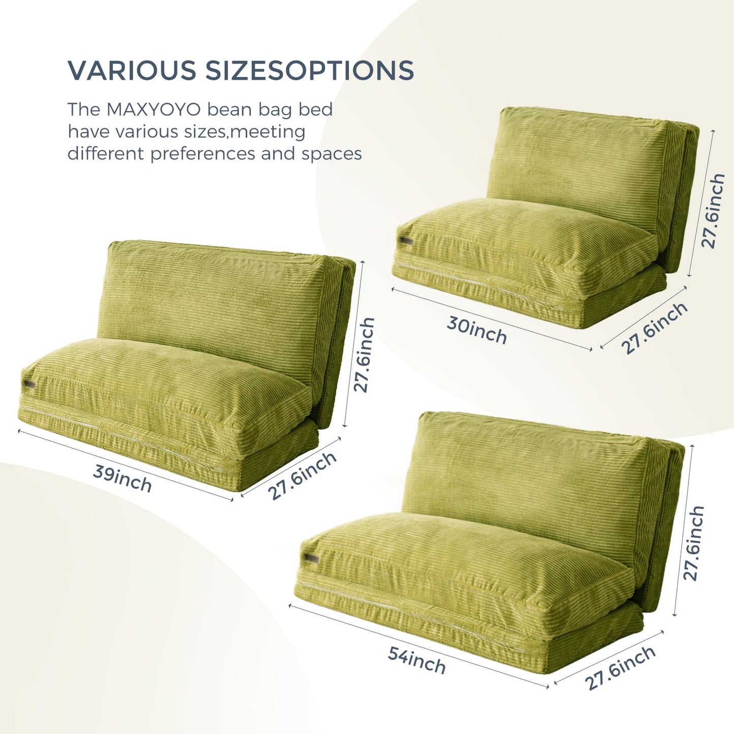 MAXYOYO Folding Sofa Bed, Extra Thick and Long Floor Sofa Convertible Chair with Washable Cover, Floor Couch Lounge Bean Bag Bed for Living Room, Green, 30x91 Inch