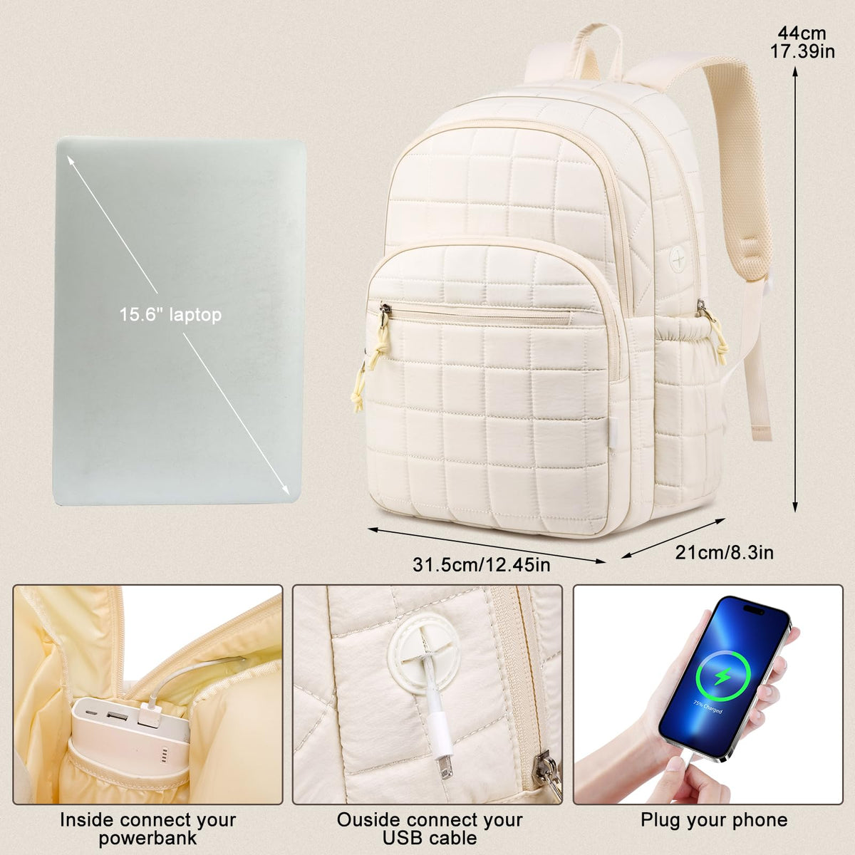 kadilong Laptop Backpack for Women College Travel,Quilted Daypack Bookbag for School Teen Girls Mochilas Mujer,Beige